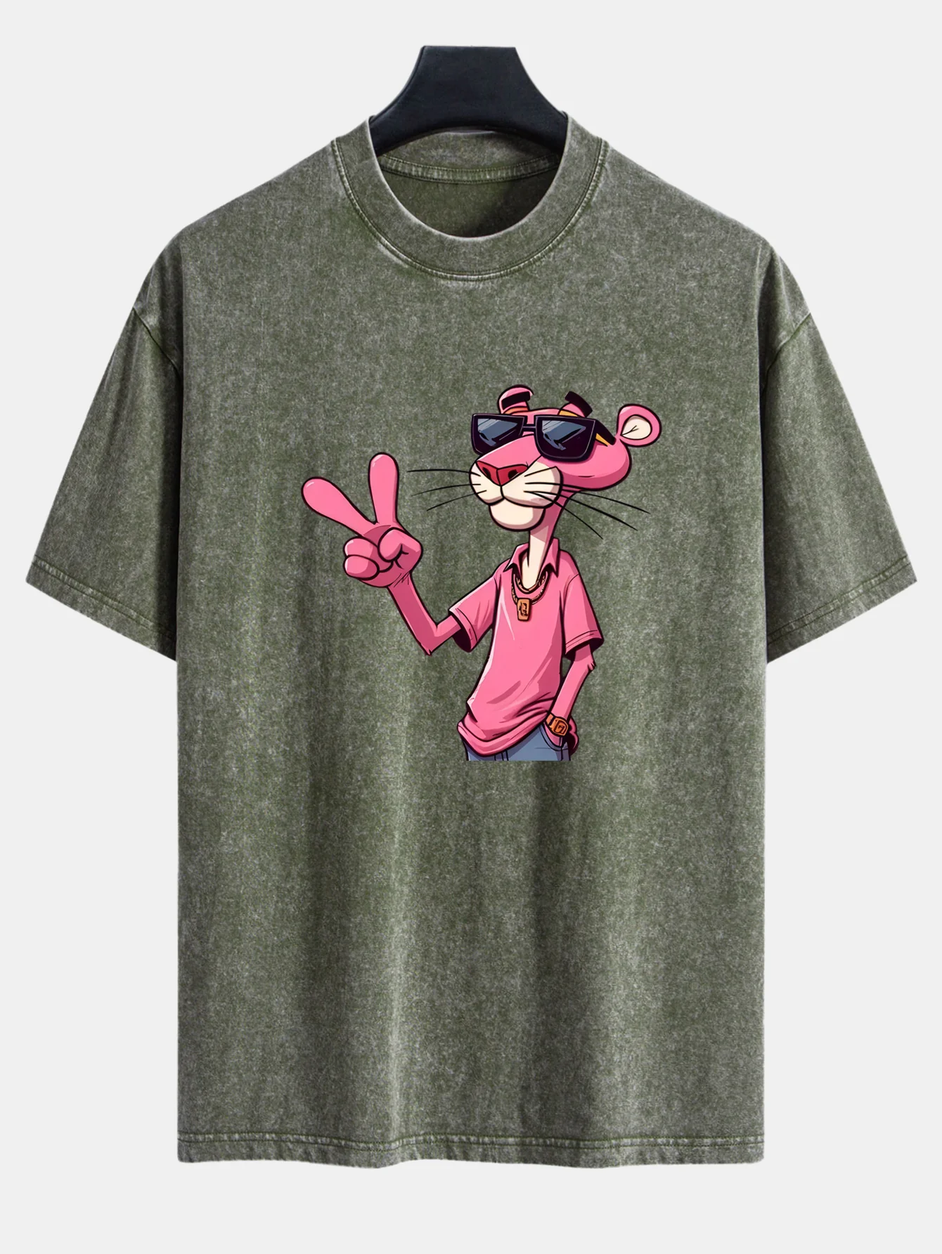 Pink Panther With V Sign Print Washed Distressed Drop Shoulder T-Shirt - Image 6
