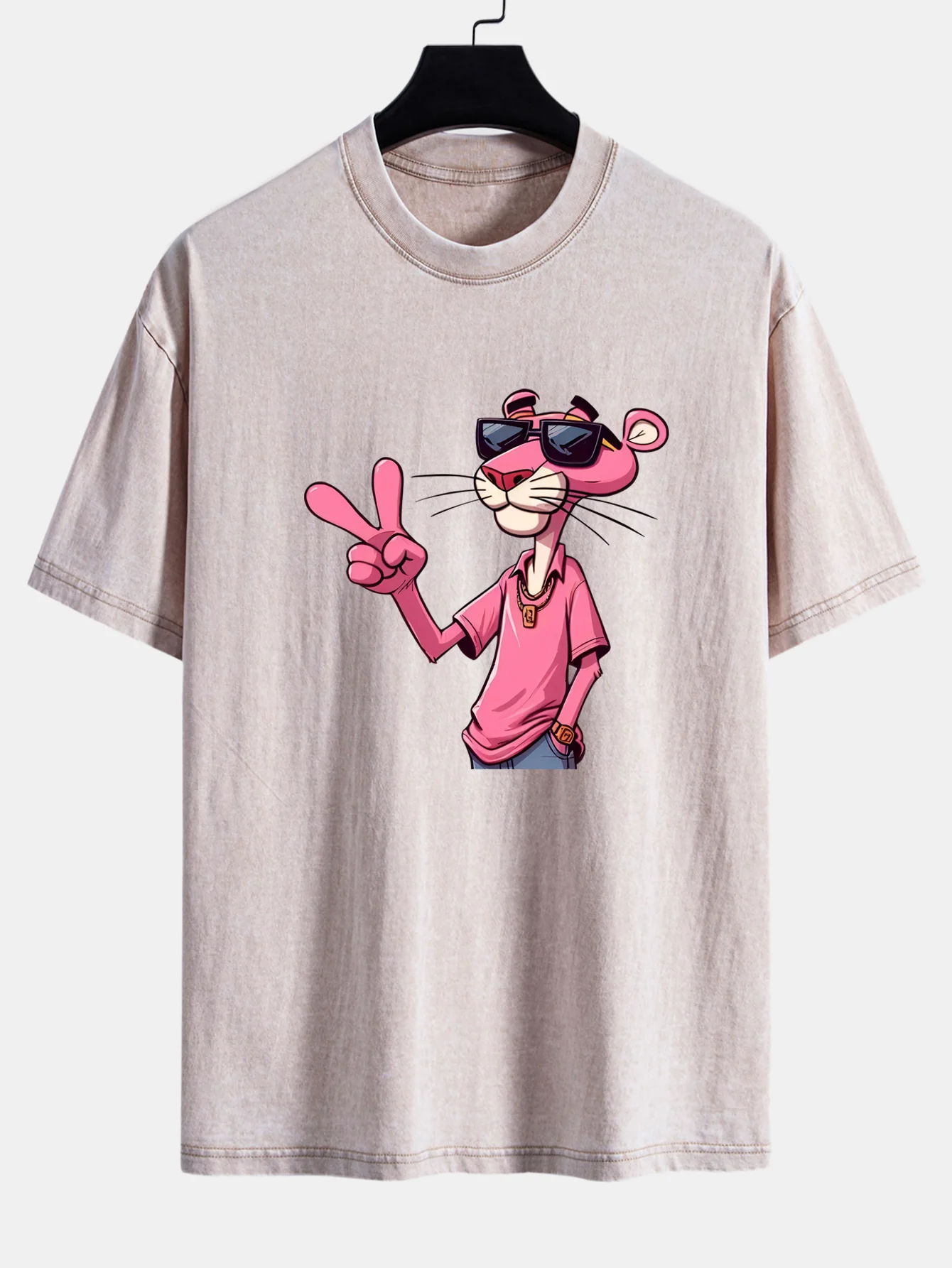 Pink Panther With V Sign Print Washed Distressed Drop Shoulder T-Shirt - Image 7