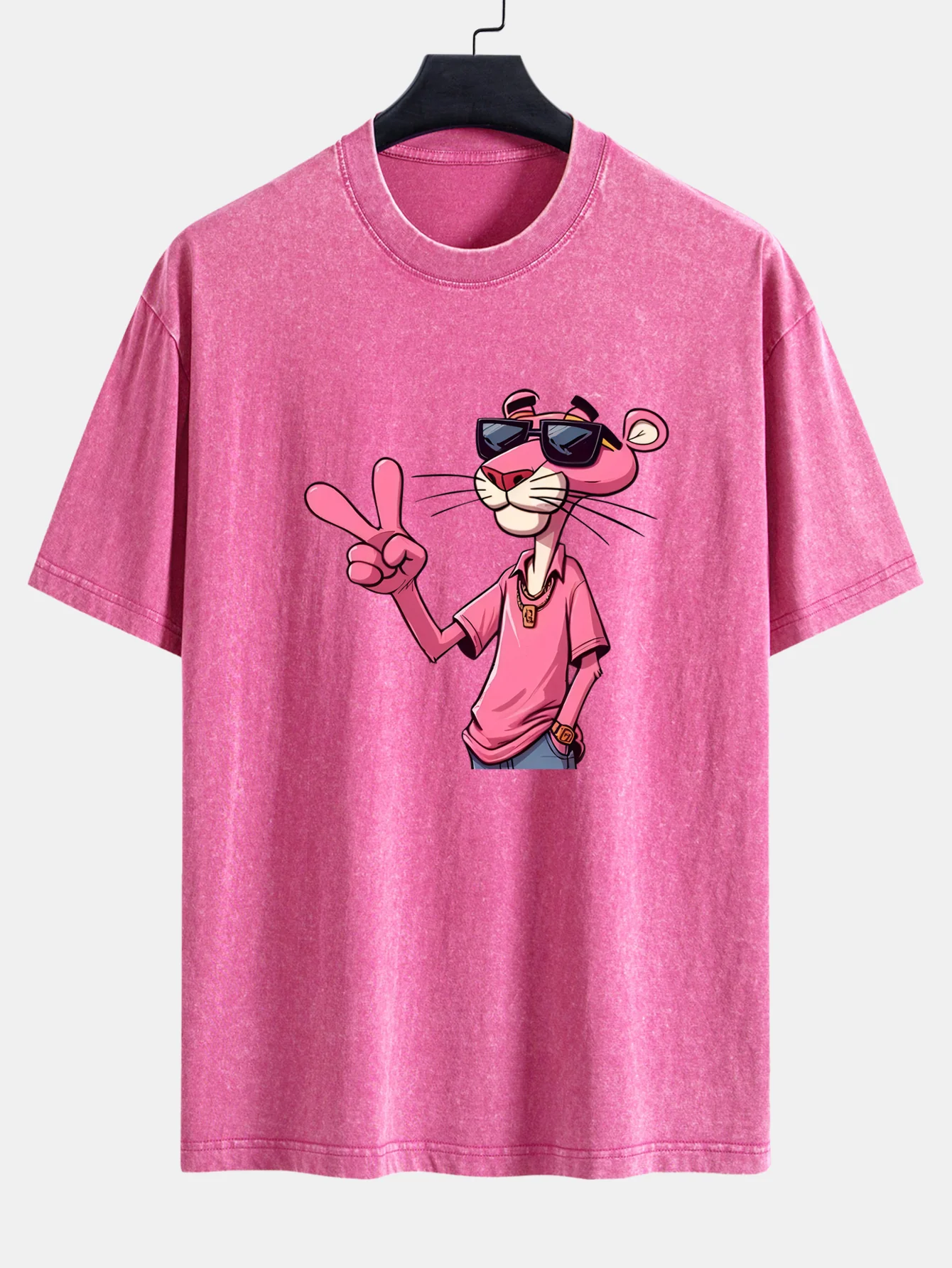 Pink Panther With V Sign Print Washed Distressed Drop Shoulder T-Shirt - Image 8