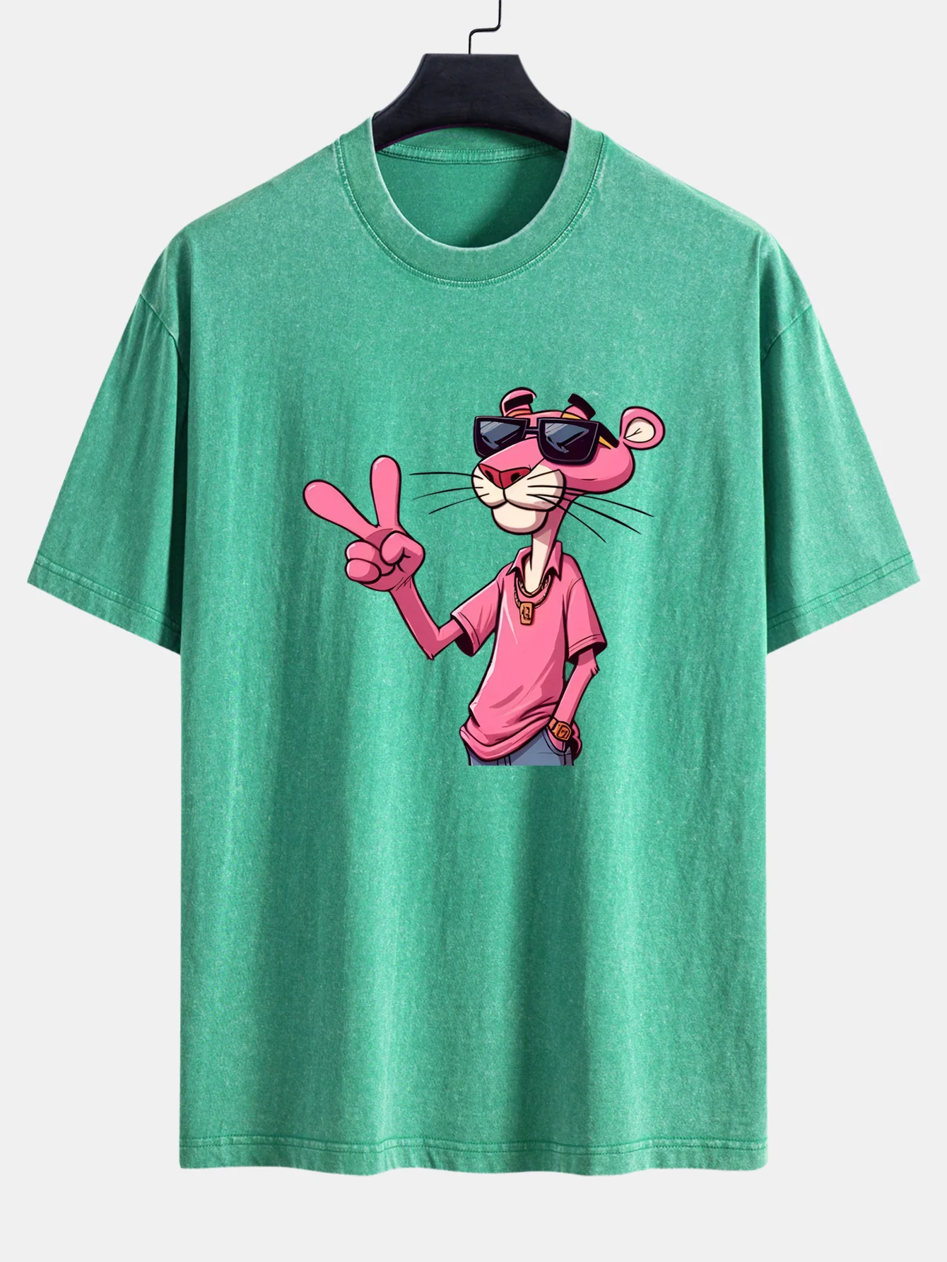 Pink Panther With V Sign Print Washed Distressed Drop Shoulder T-Shirt - Image 9