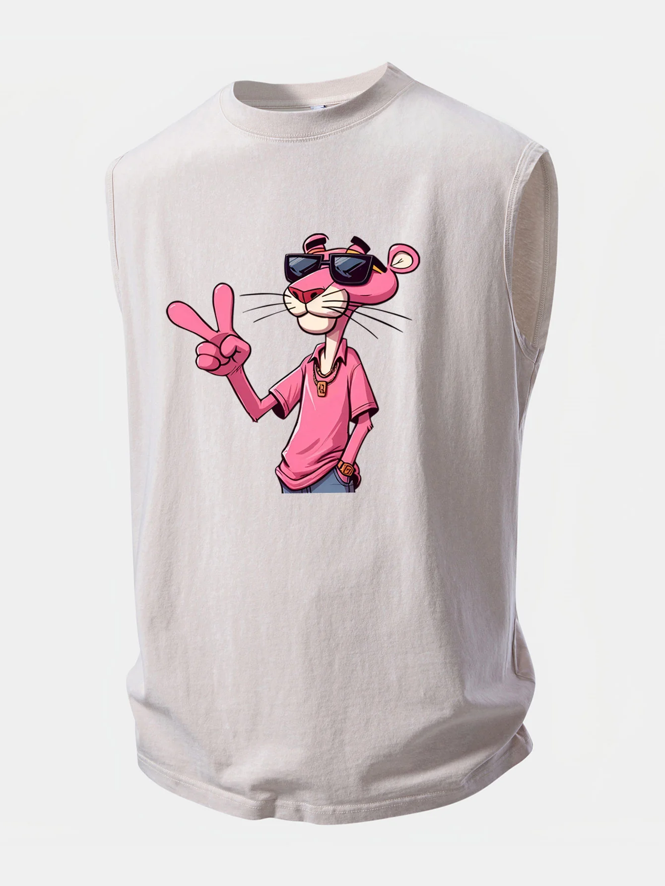Pink Panther With V Sign Print Washed Distressed Tank Top - Image 10