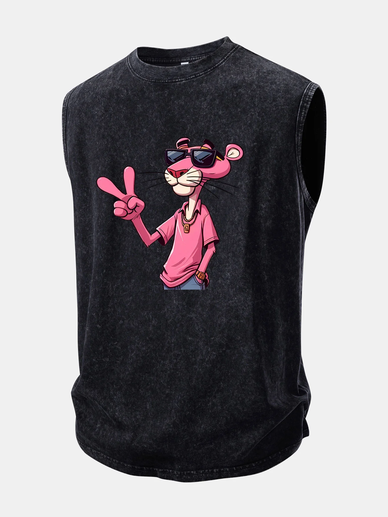 Pink Panther With V Sign Print Washed Distressed Tank Top - Image 3