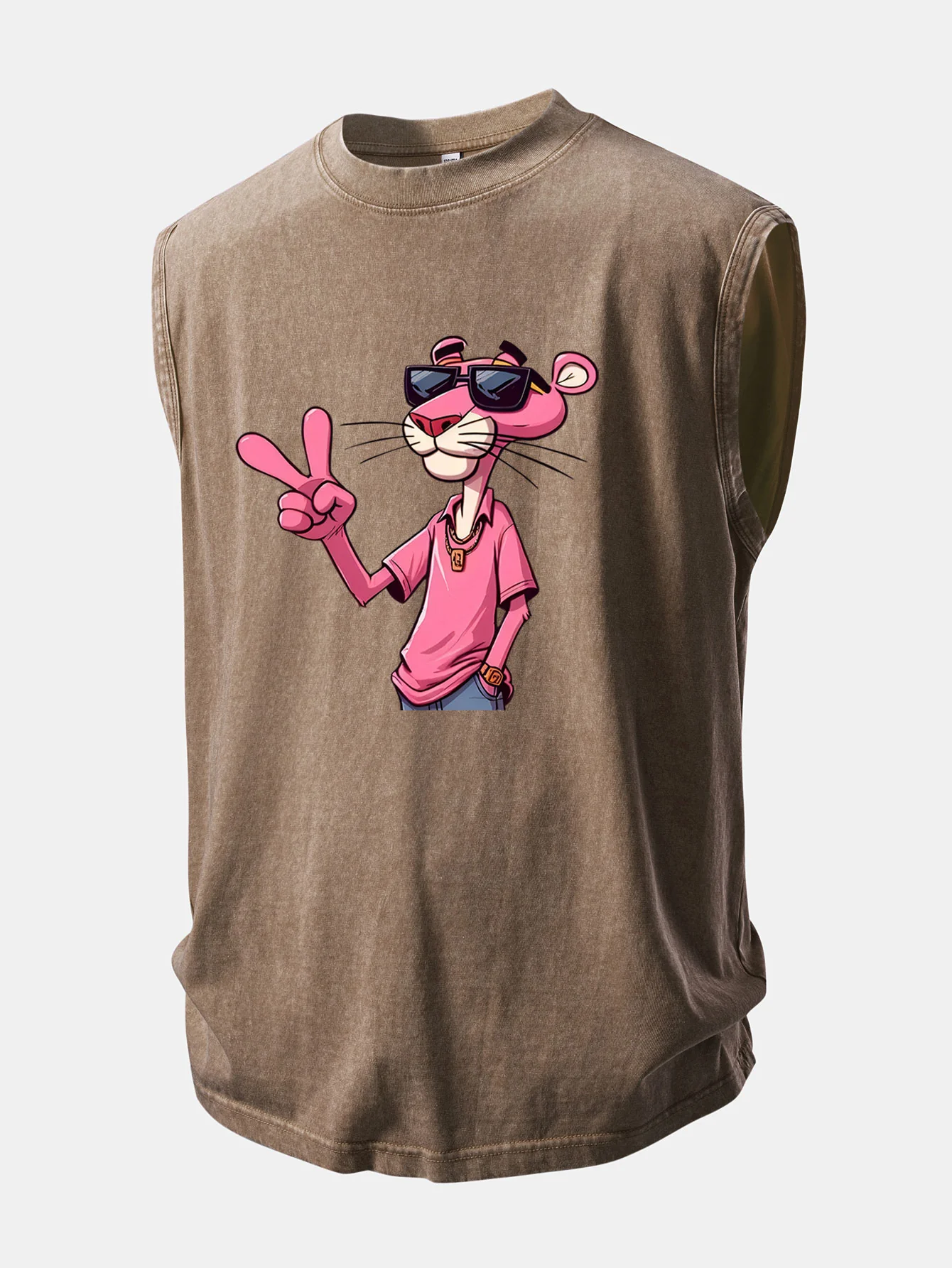 Pink Panther With V Sign Print Washed Distressed Tank Top - Image 8