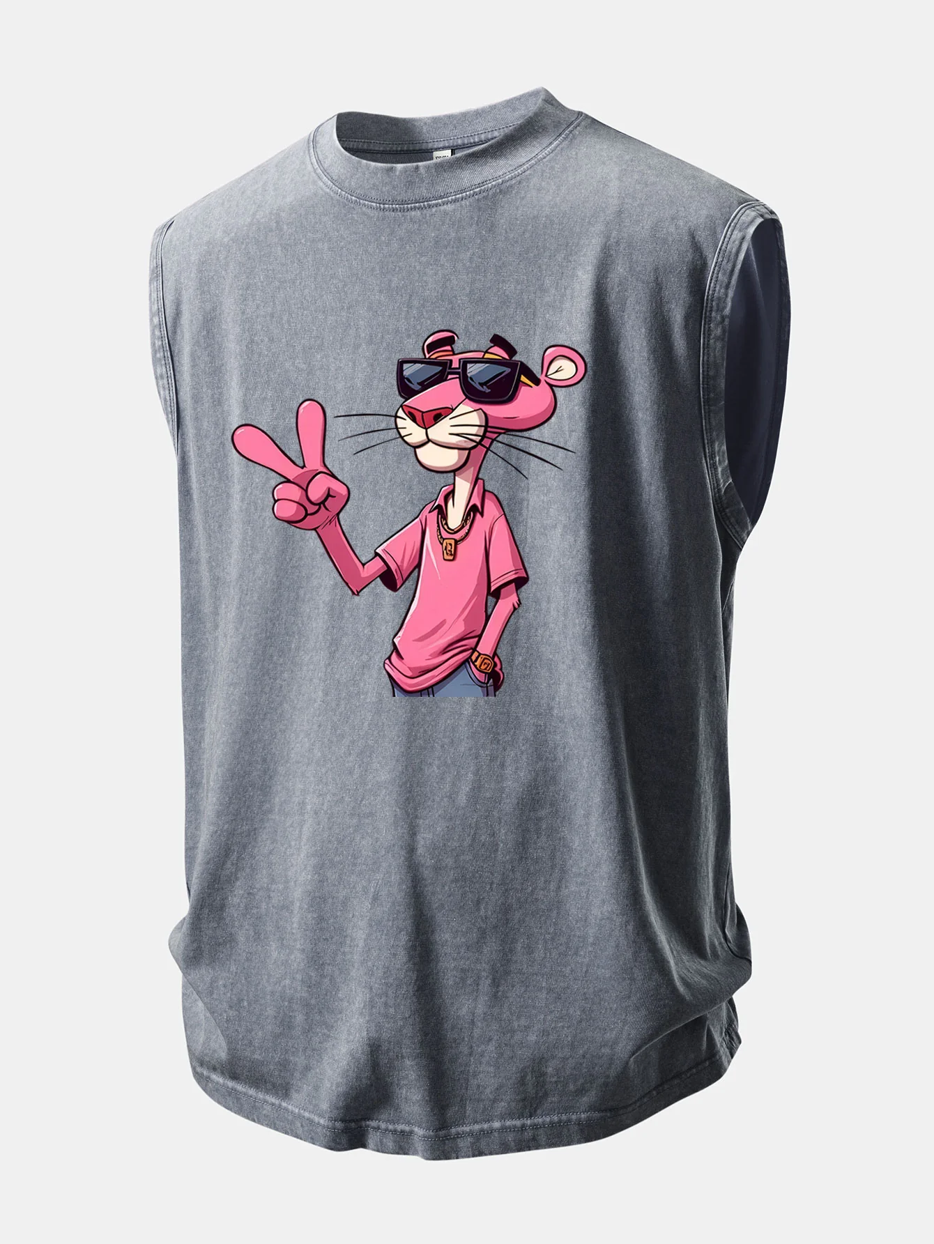 Pink Panther With V Sign Print Washed Distressed Tank Top - Image 9