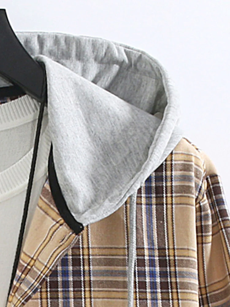 Kariertes Kontrast-Hoodie-Button-Up-Shirt - Image 5