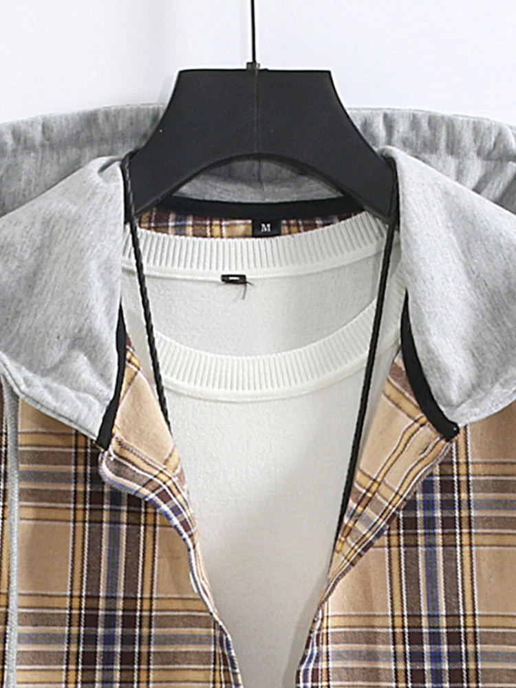 Kariertes Kontrast-Hoodie-Button-Up-Shirt - Image 6