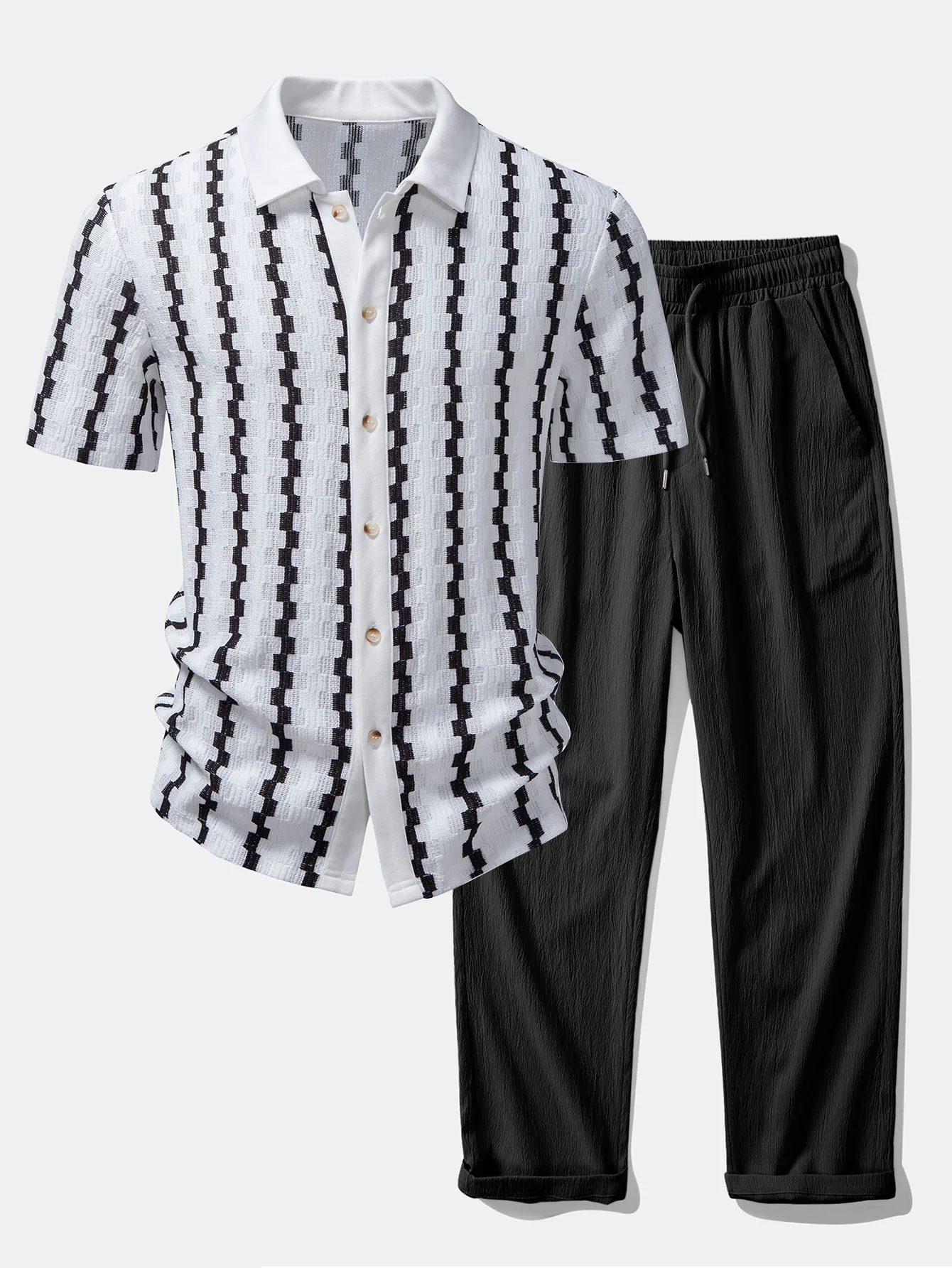 Plaid Jacquard Button Up Shirt & Crinkle Textured Straight Leg Pants - Image 2