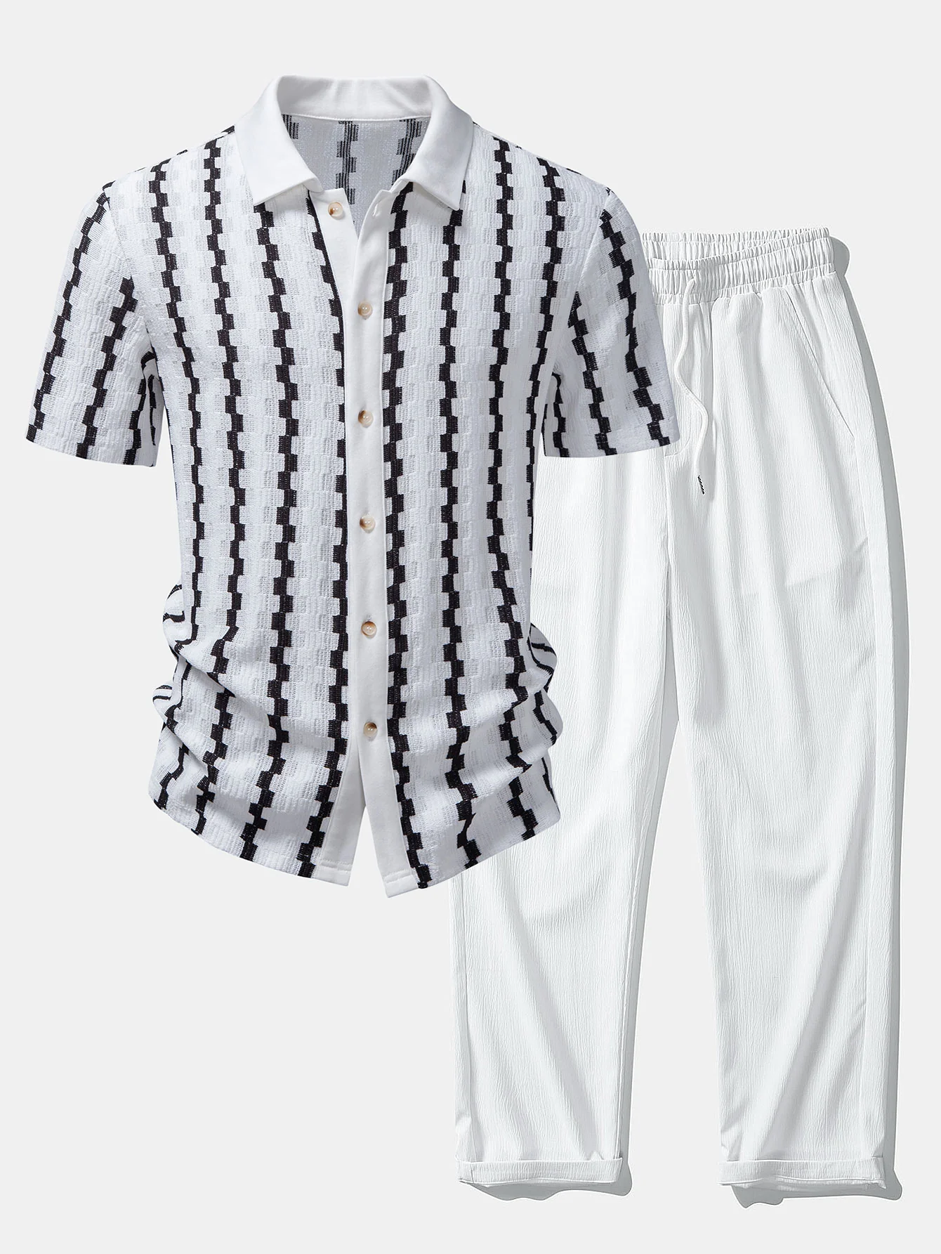 Plaid Jacquard Button Up Shirt & Crinkle Textured Straight Leg Pants - Image 3
