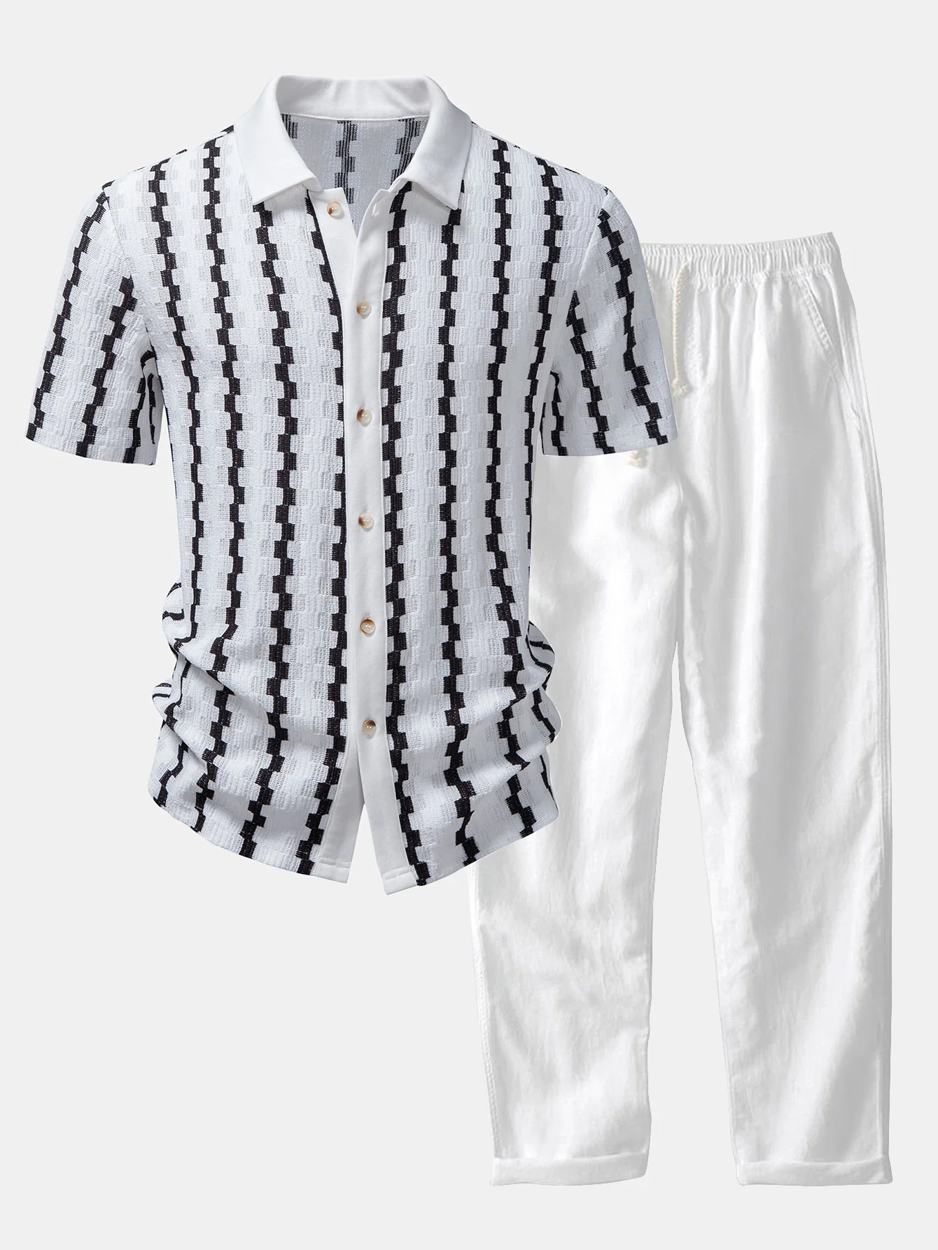 Plaid Jacquard Button Up Shirt & Straight Leg Linen Pants - Image 2