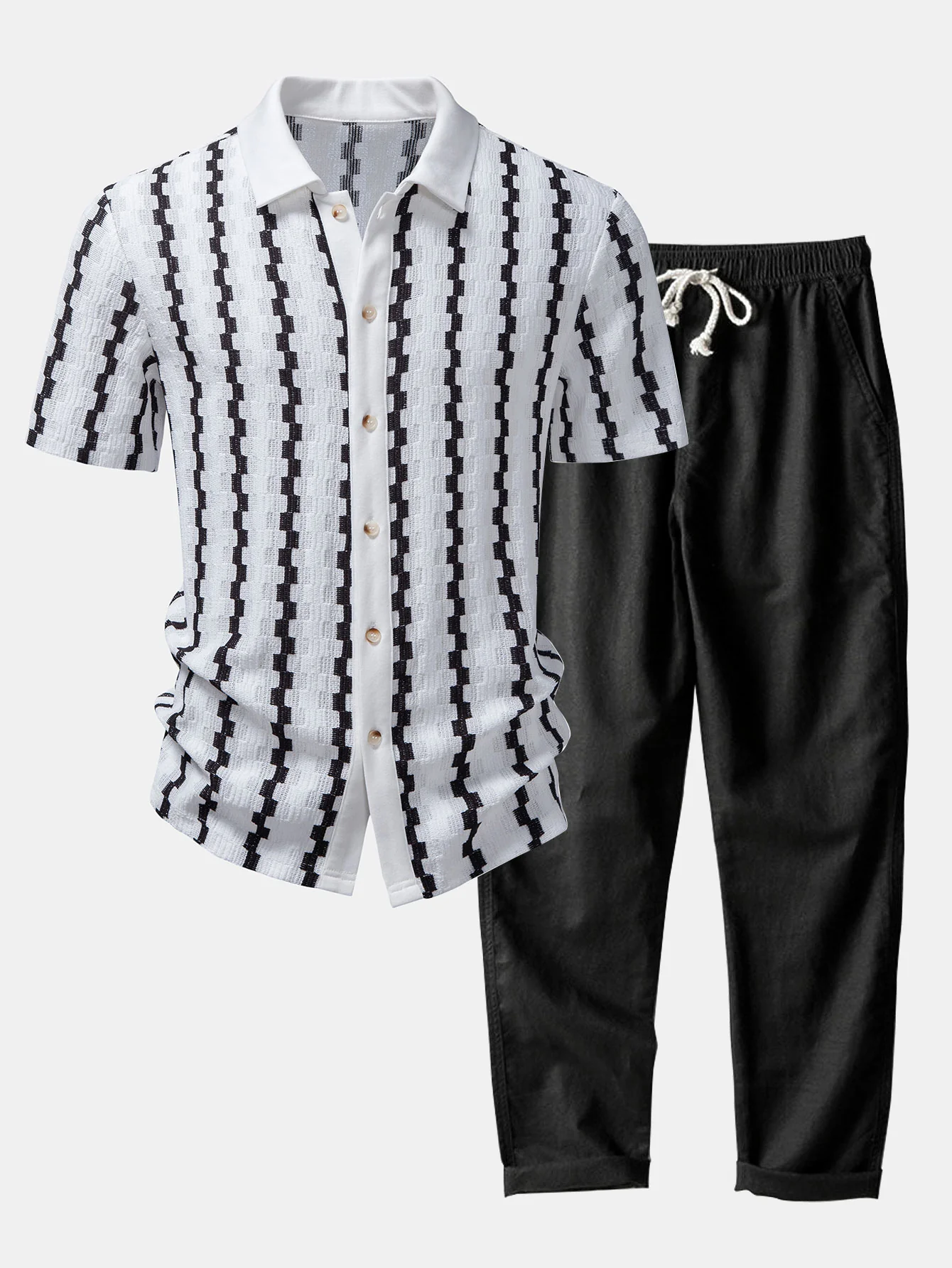Plaid Jacquard Button Up Shirt & Straight Leg Linen Pants - Image 3