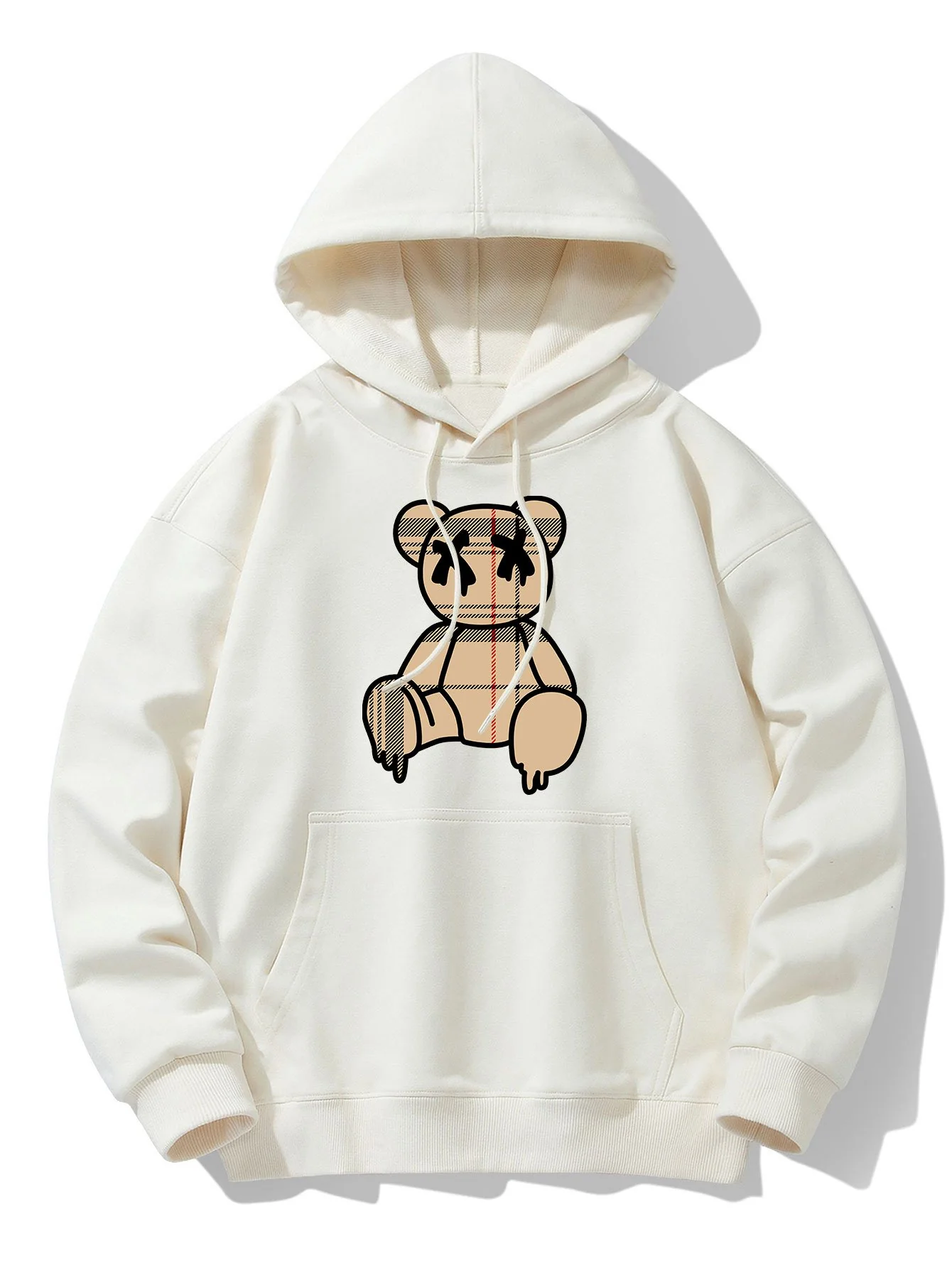 Kariertes Muster Auflösender Bärenprint Drop-Shoulder Relaxed Hoodie