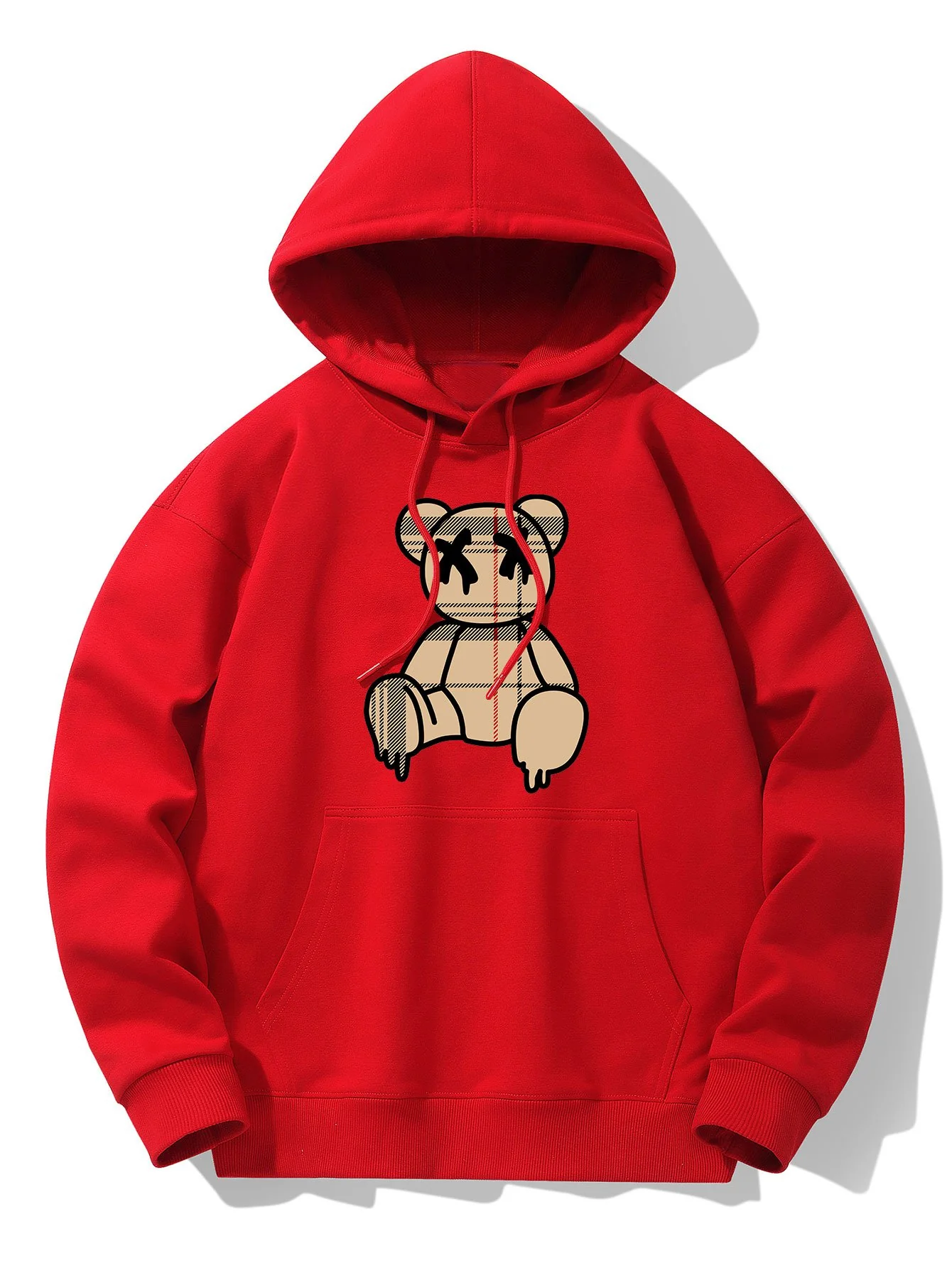 Kariertes Muster Auflösender Bärenprint Drop-Shoulder Relaxed Hoodie - Image 10