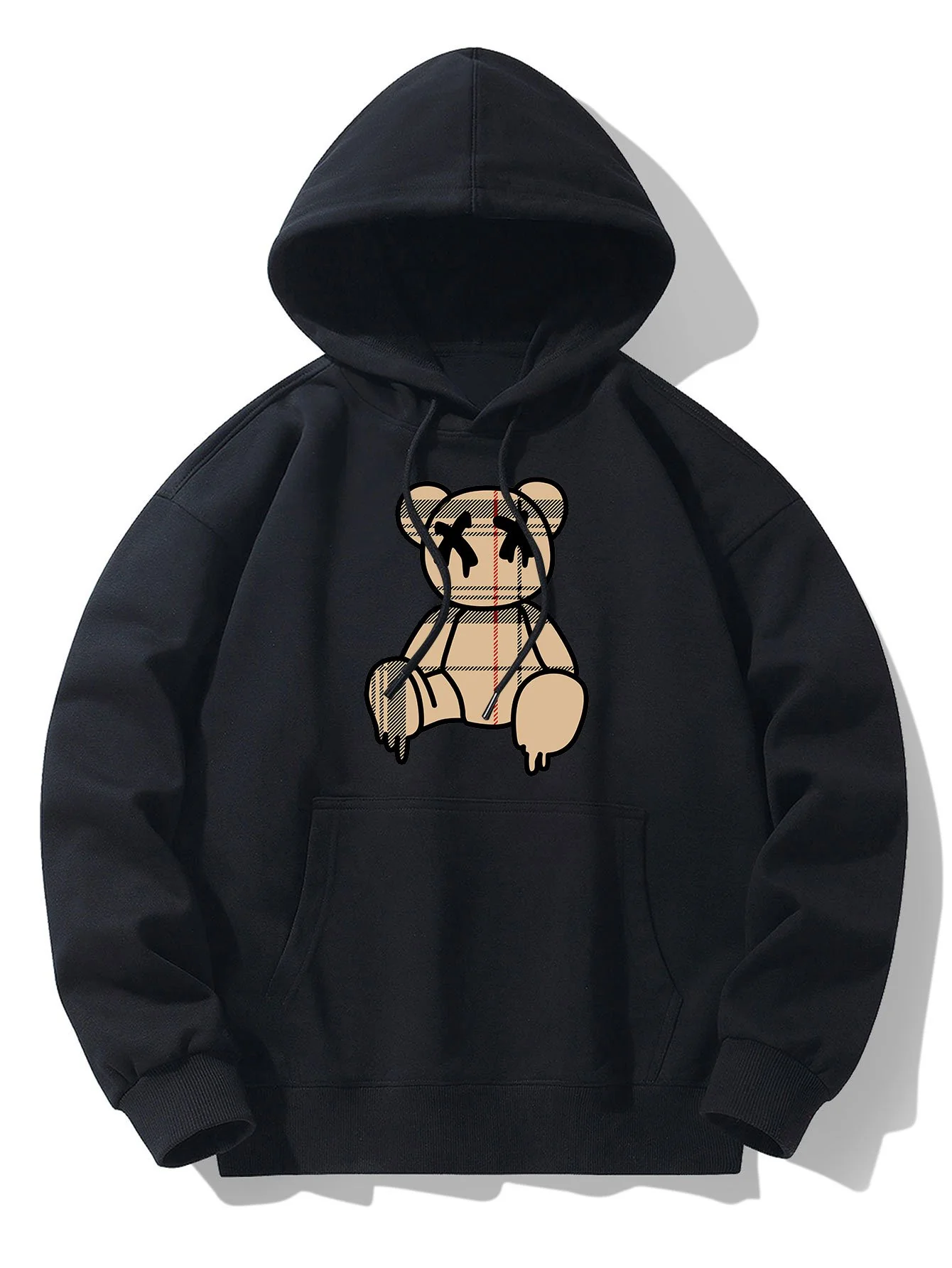 Kariertes Muster Auflösender Bärenprint Drop-Shoulder Relaxed Hoodie - Image 3
