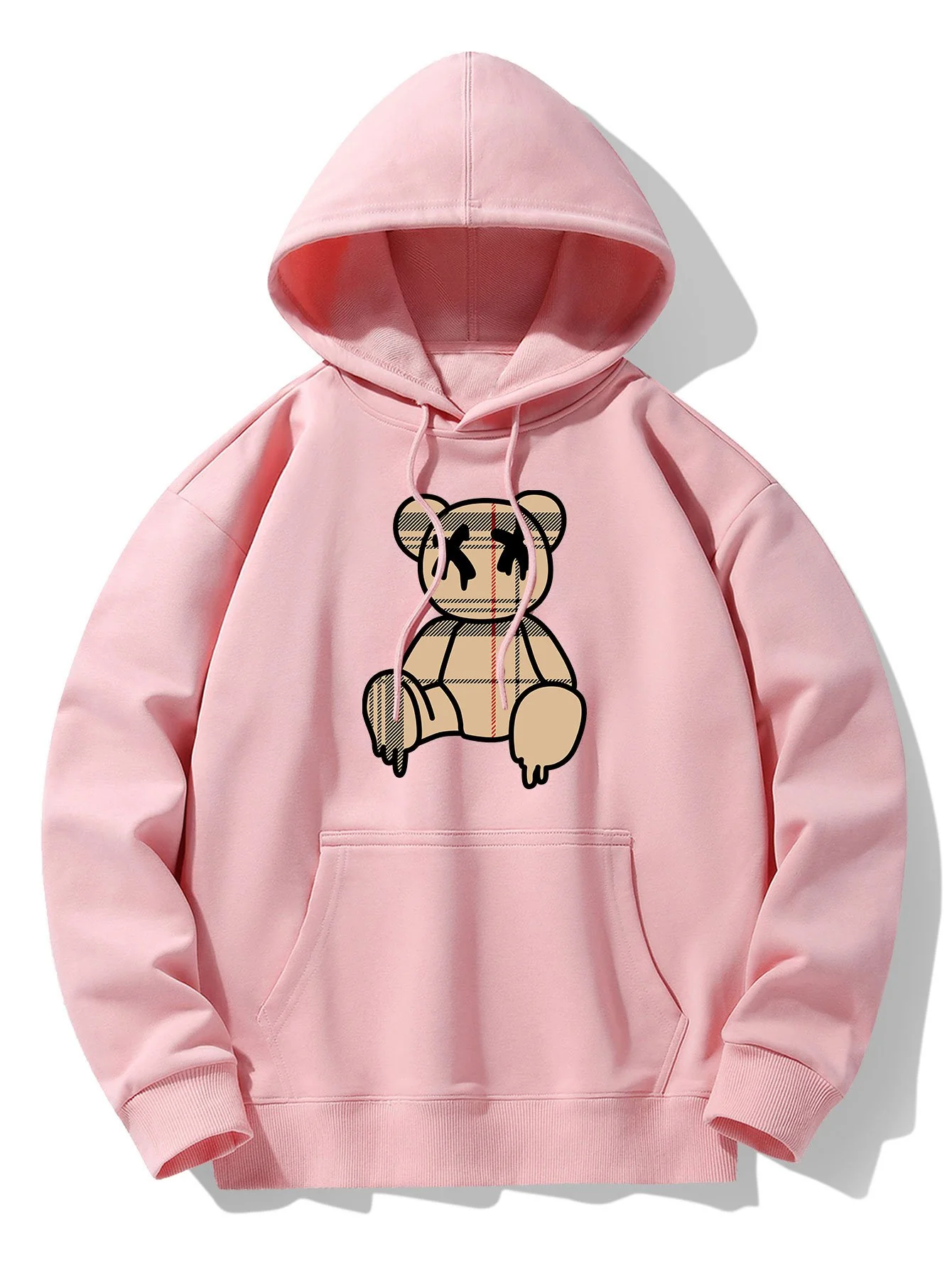 Kariertes Muster Auflösender Bärenprint Drop-Shoulder Relaxed Hoodie - Image 4