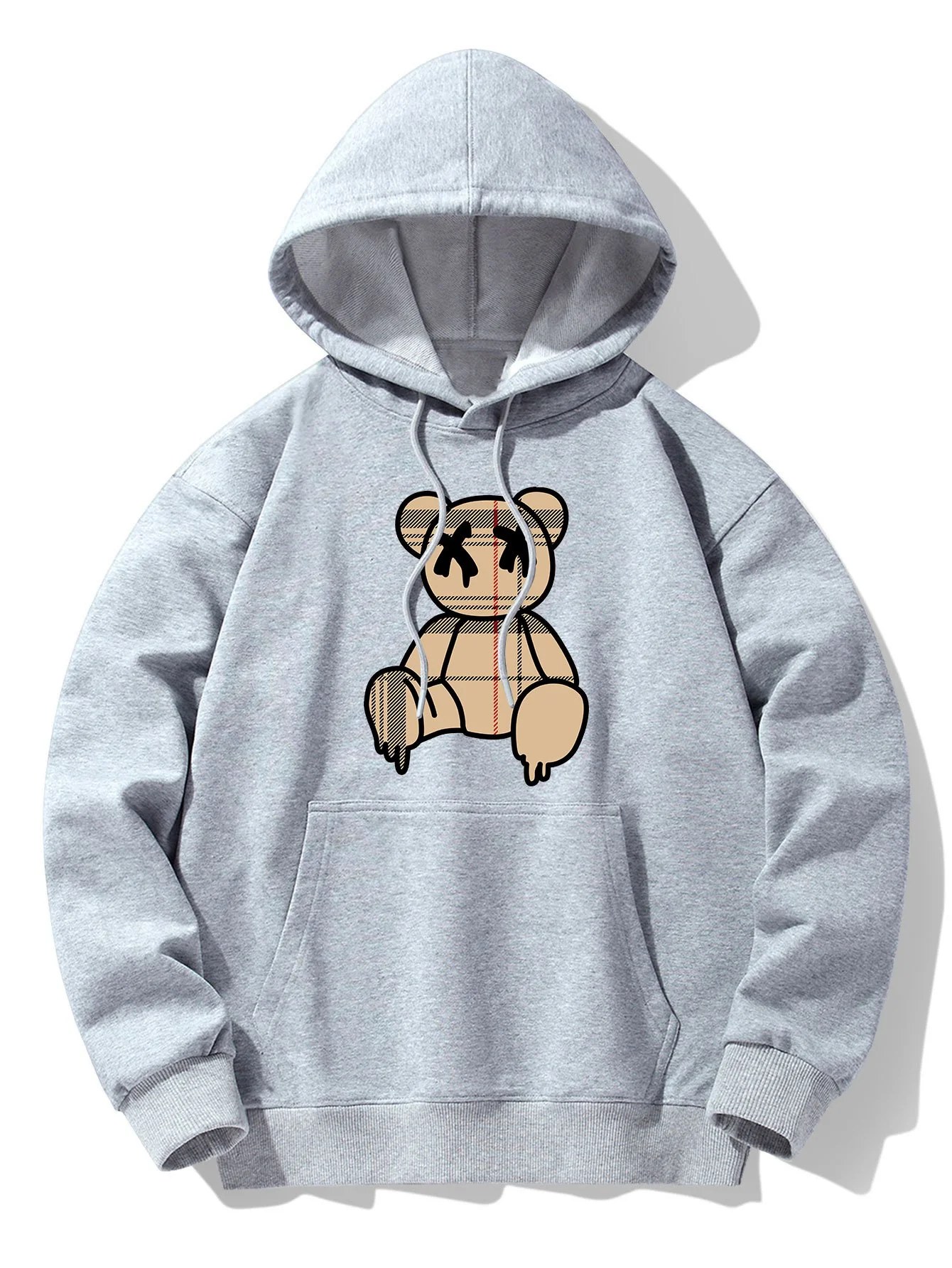 Kariertes Muster Auflösender Bärenprint Drop-Shoulder Relaxed Hoodie - Image 5