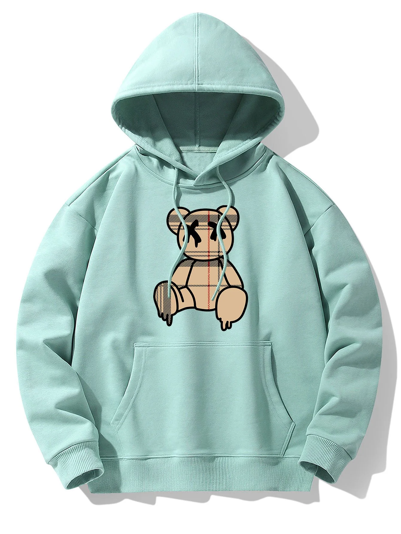 Kariertes Muster Auflösender Bärenprint Drop-Shoulder Relaxed Hoodie - Image 6