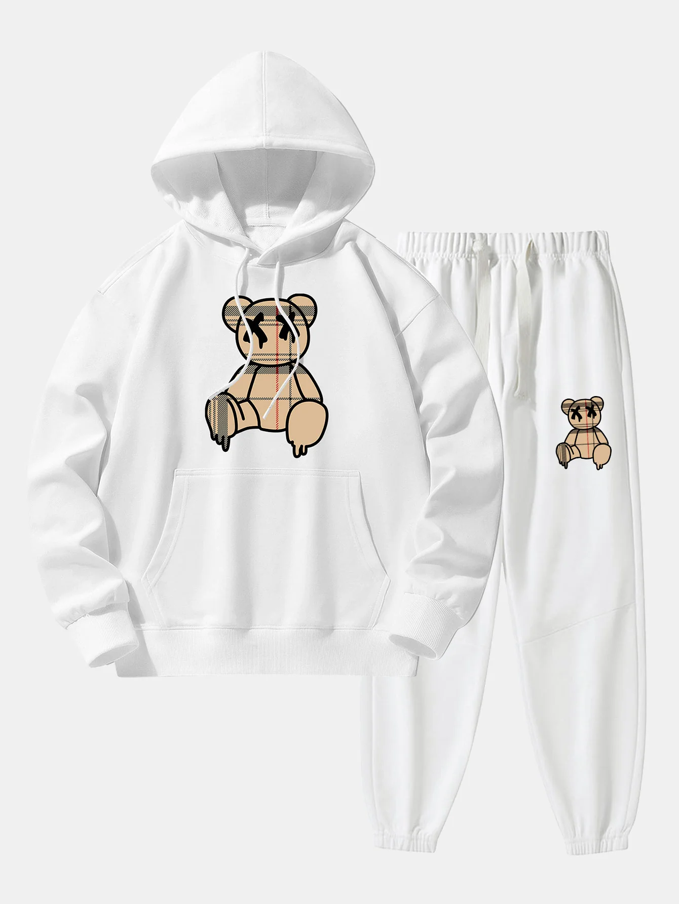 Kariertes Muster Auflösender Bärenprint Drop Shoulder Relaxed Hoodie & Jogginghose - Image 2