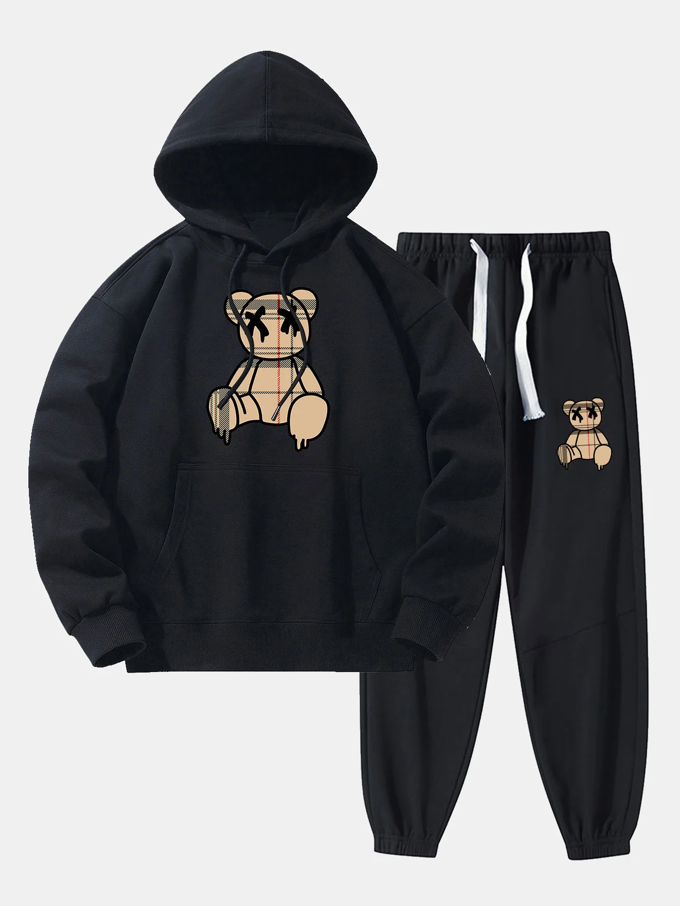 Kariertes Muster Auflösender Bärenprint Drop Shoulder Relaxed Hoodie & Jogginghose - Image 3