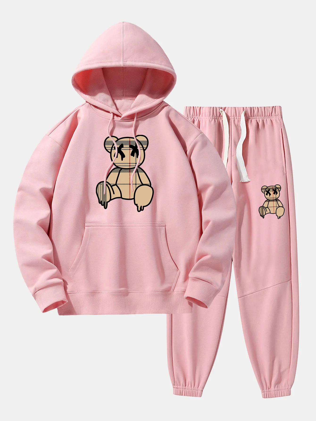 Kariertes Muster Auflösender Bärenprint Drop Shoulder Relaxed Hoodie & Jogginghose - Image 4