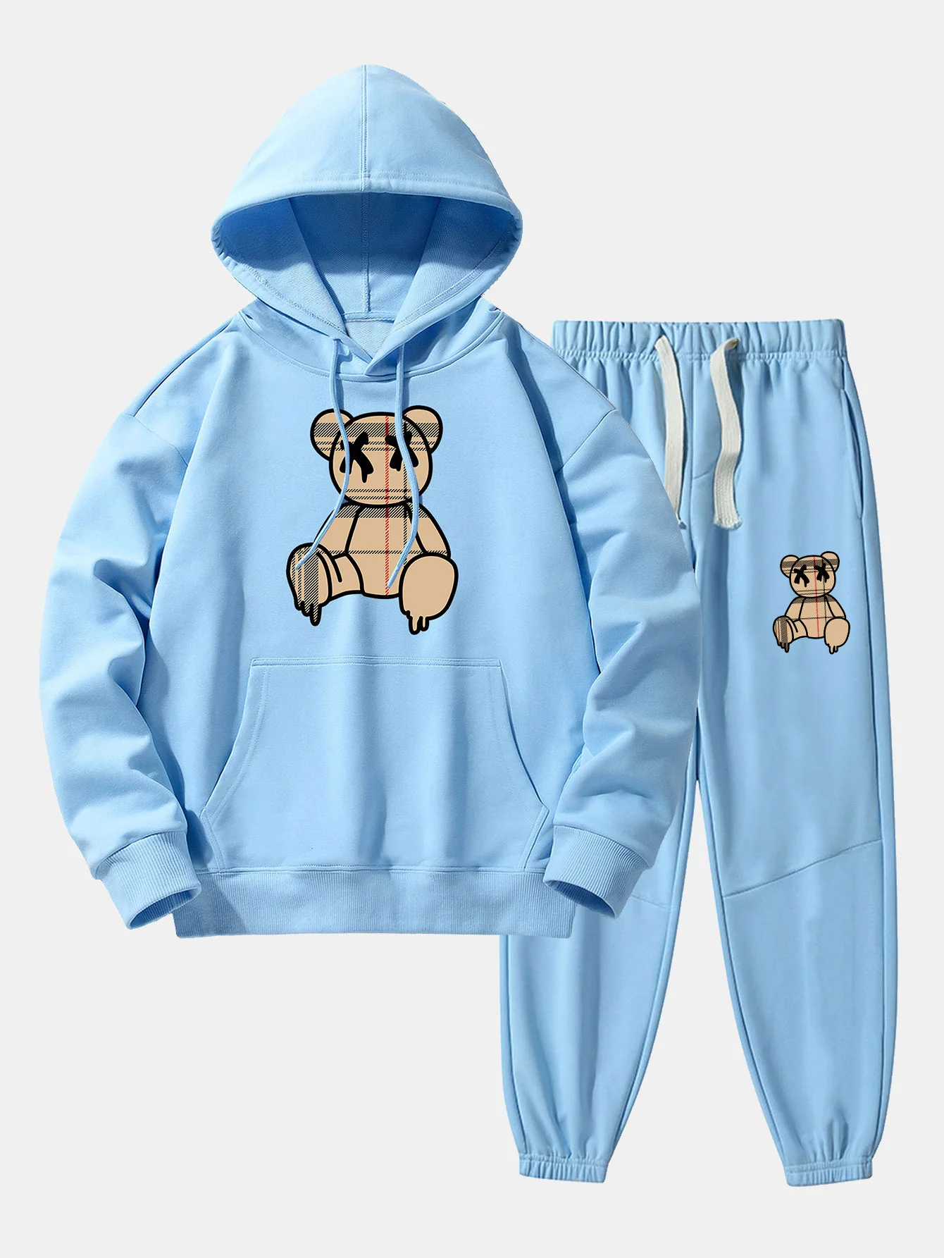Kariertes Muster Auflösender Bärenprint Drop Shoulder Relaxed Hoodie & Jogginghose - Image 5