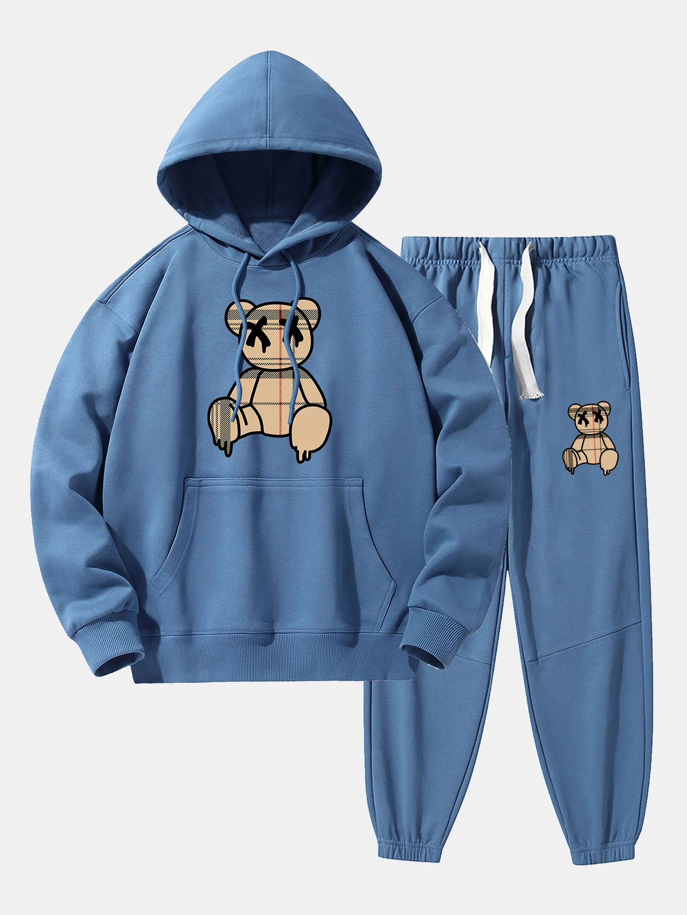 Kariertes Muster Auflösender Bärenprint Drop Shoulder Relaxed Hoodie & Jogginghose - Image 6