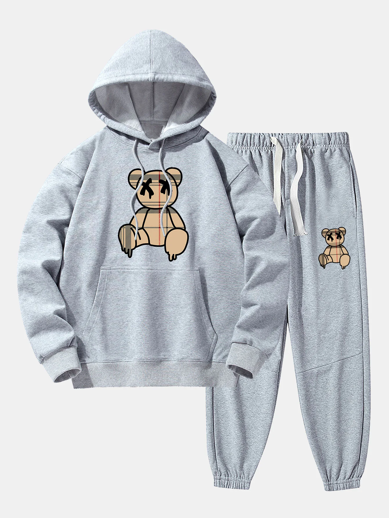 Kariertes Muster Auflösender Bärenprint Drop Shoulder Relaxed Hoodie & Jogginghose - Image 7