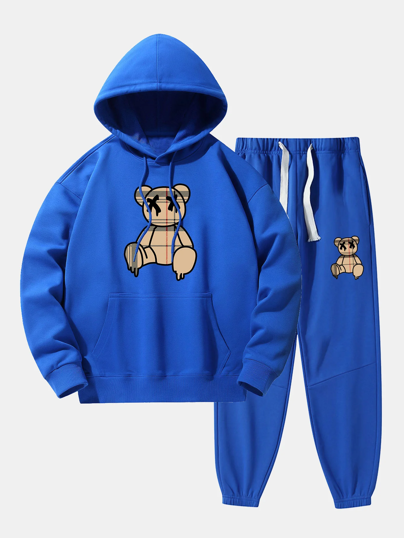 Kariertes Muster Auflösender Bärenprint Drop Shoulder Relaxed Hoodie & Jogginghose - Image 8
