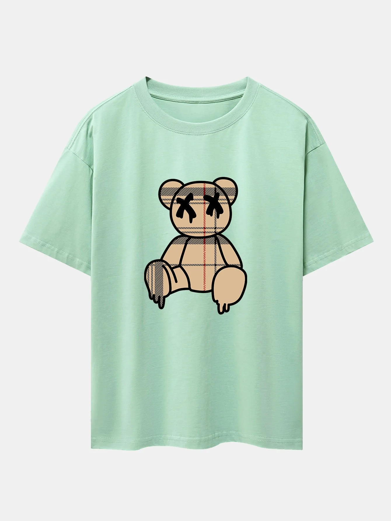 Karo-Muster auflösender Bärenprint schweres Drop-Shoulder Oversize T-Shirt - Image 9