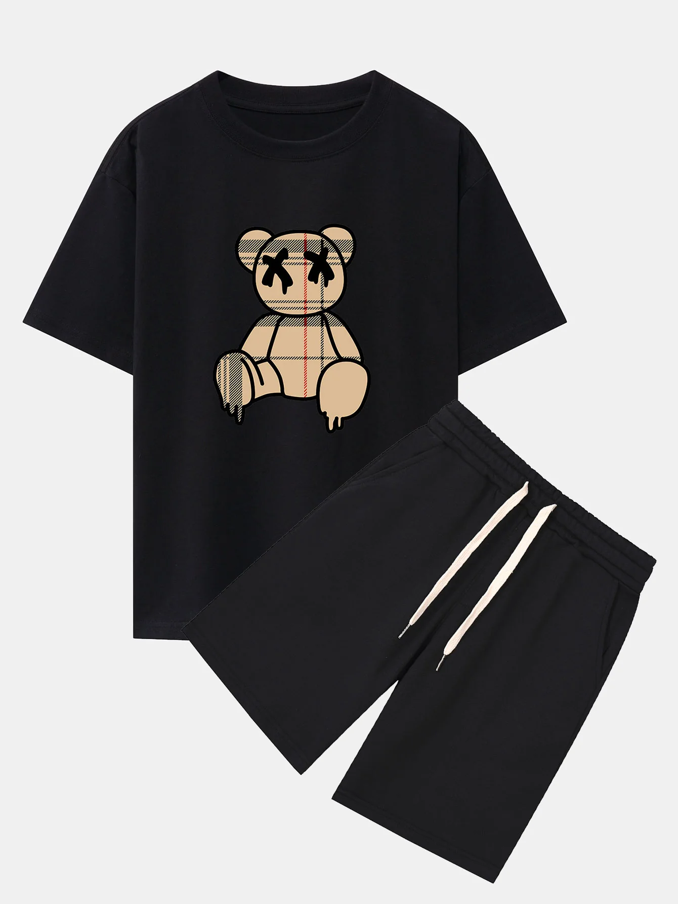 Kariertes Muster auflösender Bärenprint Oversize T-Shirt & Shorts - Image 2