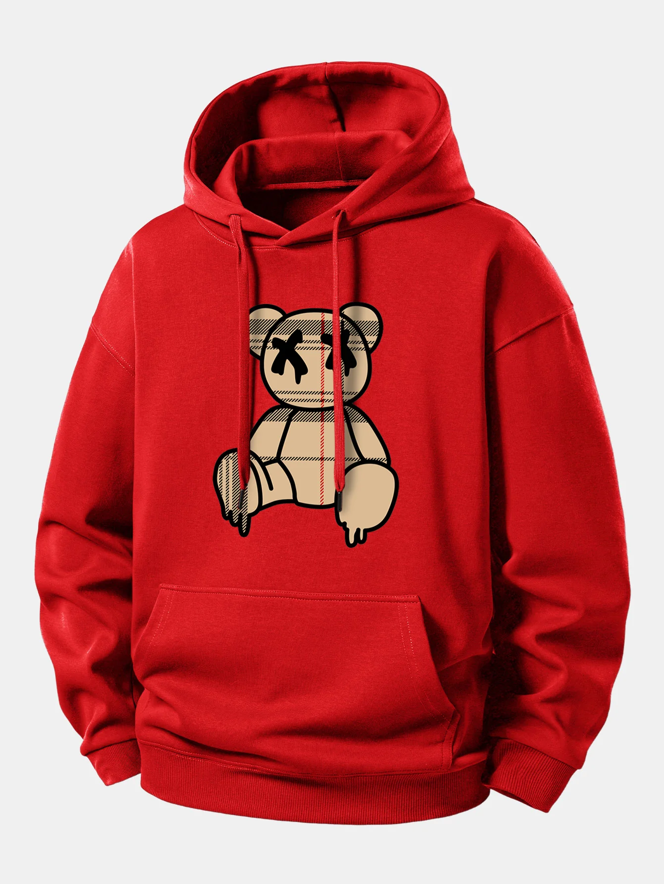 Plaid Pattern Dissolving Bear Print Relax Fit Hoodie - Image 11