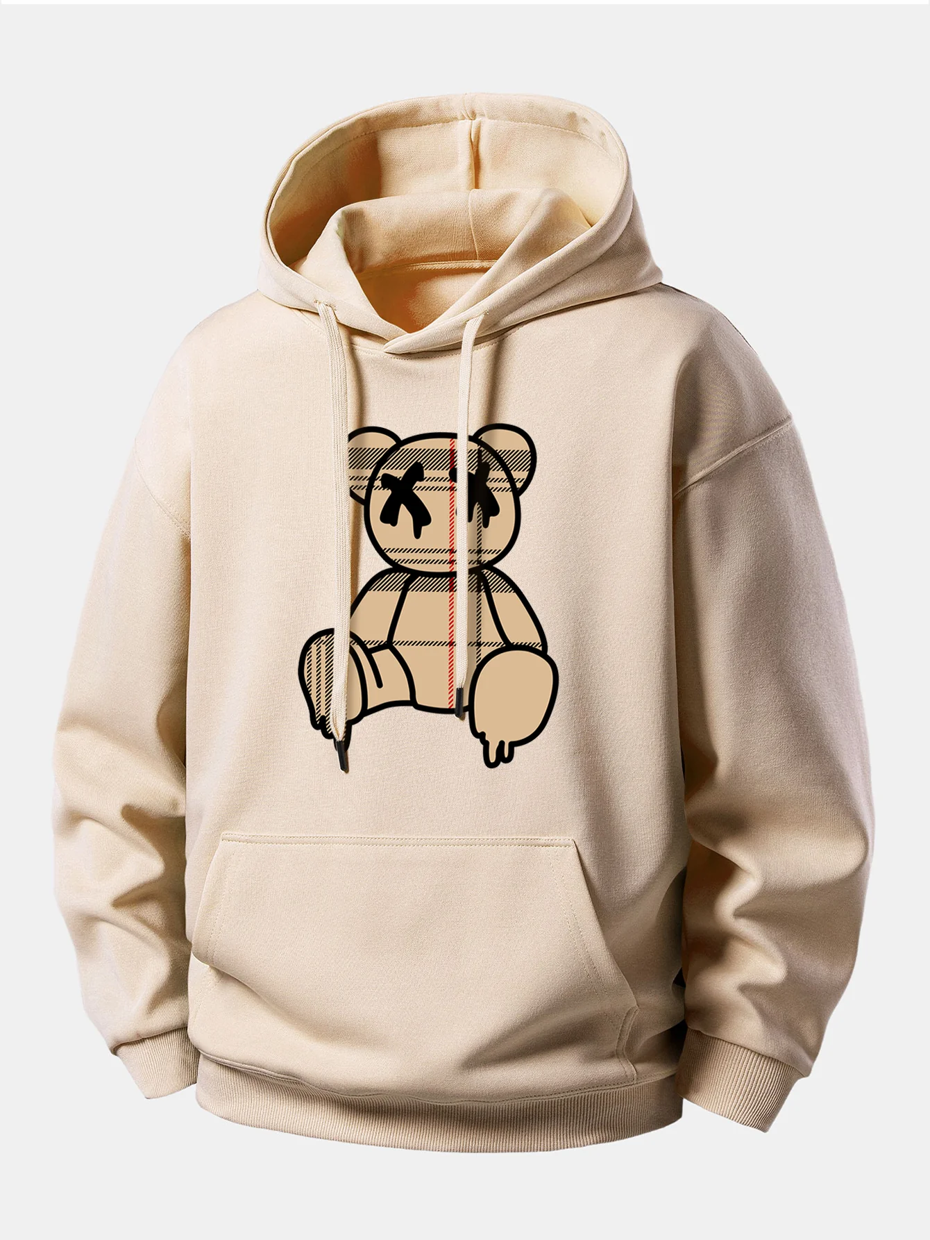 Plaid Pattern Dissolving Bear Print Relax Fit Hoodie - Image 2