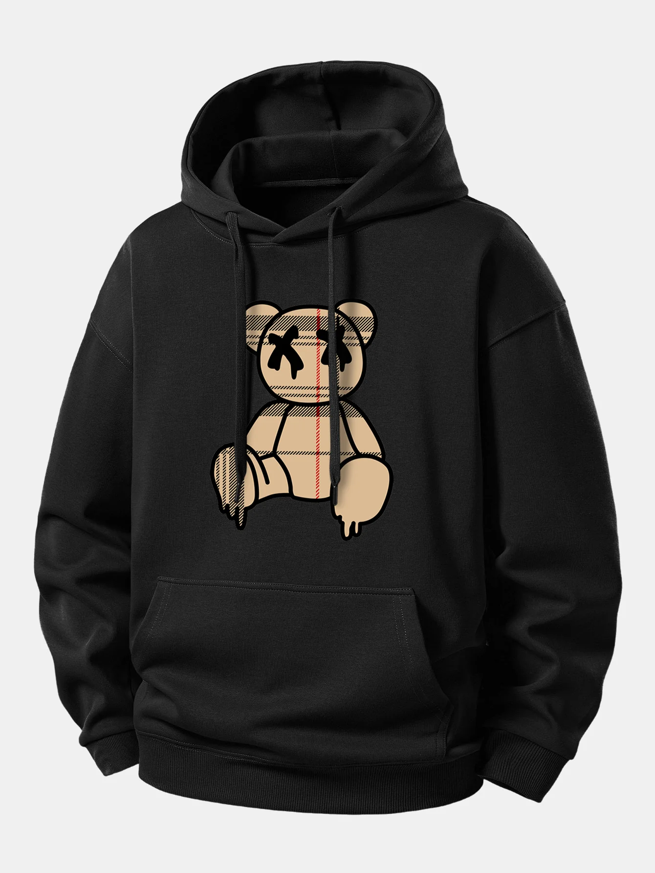 Plaid Pattern Dissolving Bear Print Relax Fit Hoodie - Image 3