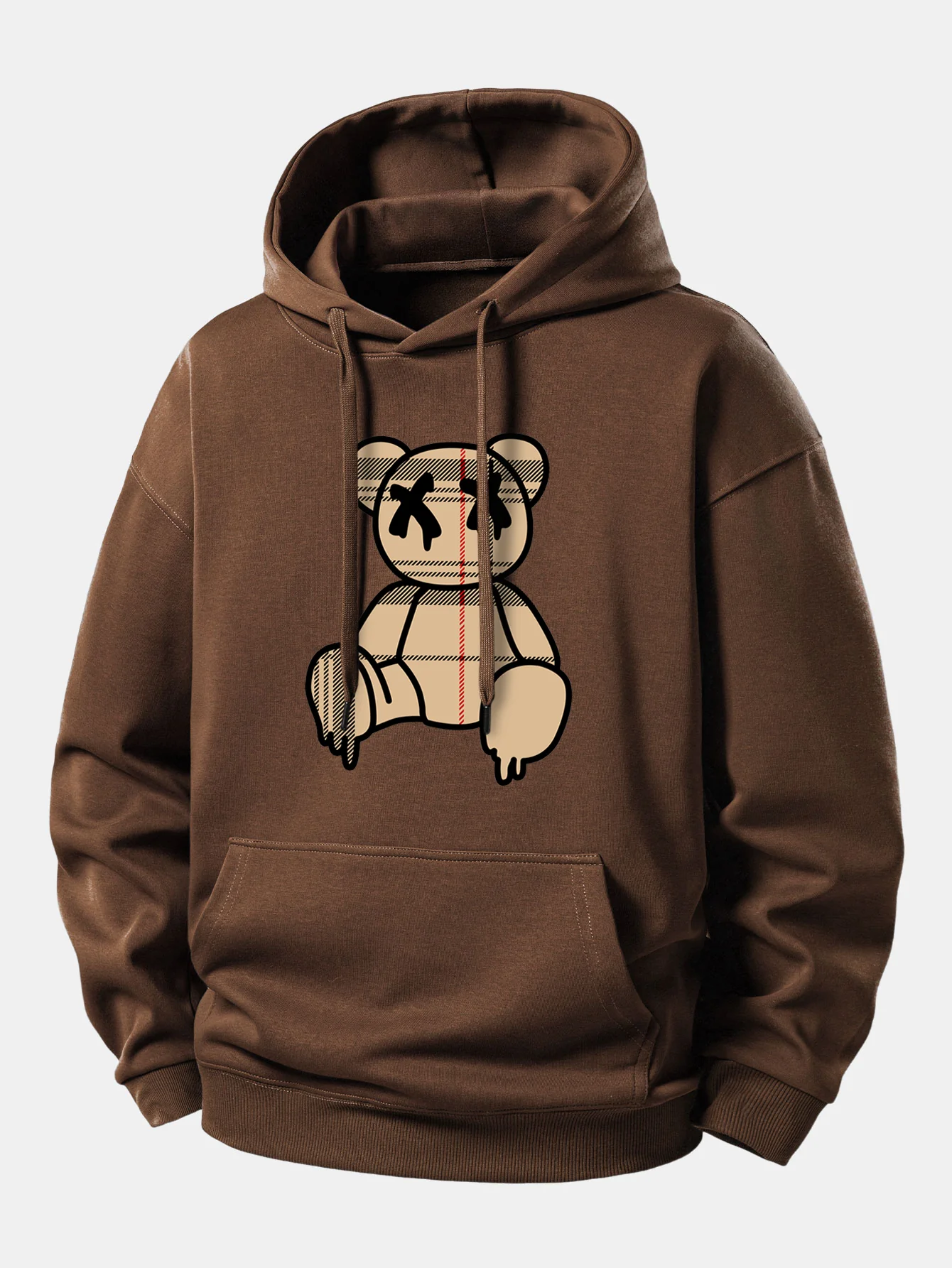 Plaid Pattern Dissolving Bear Print Relax Fit Hoodie - Image 8