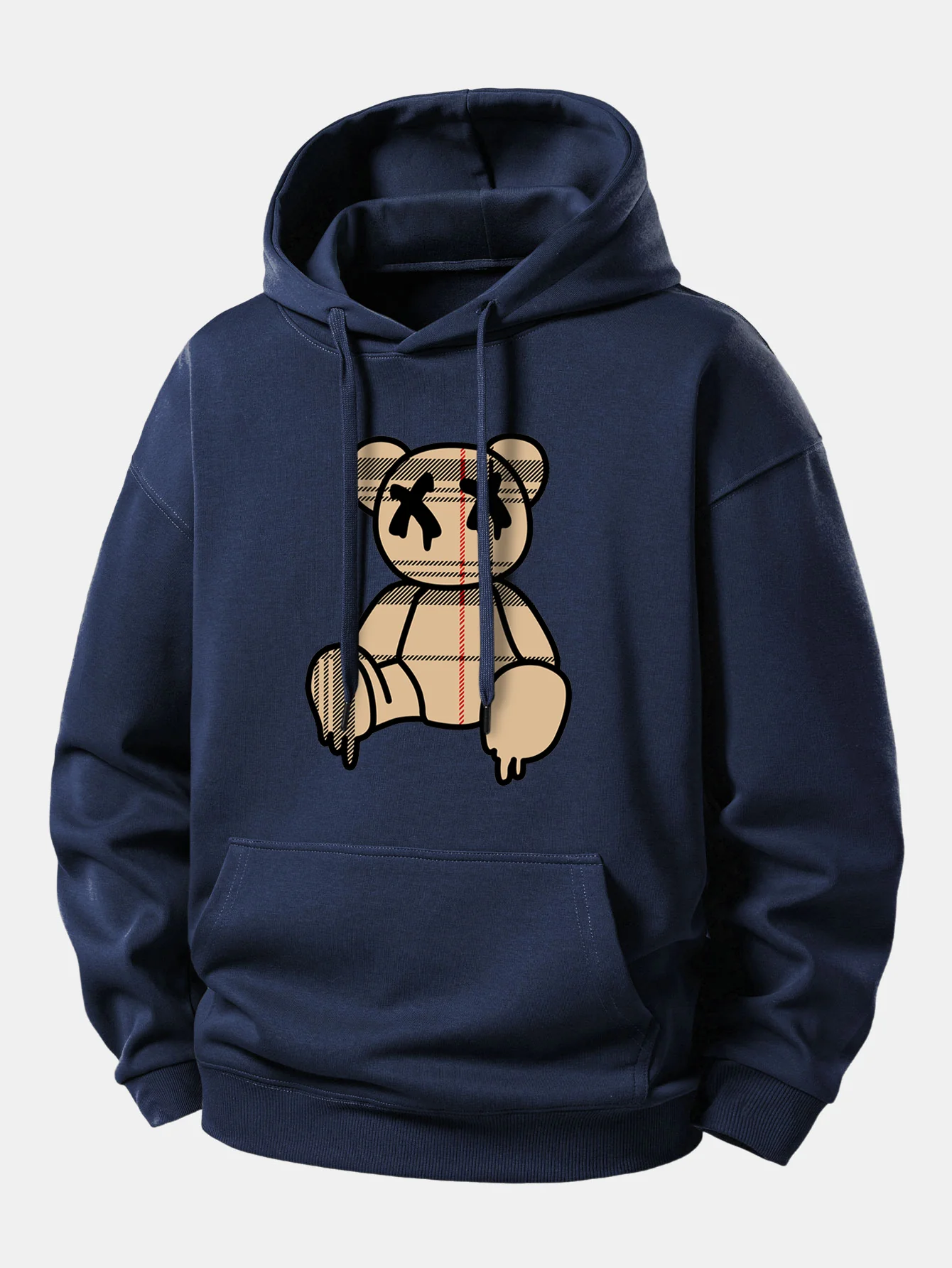 Plaid Pattern Dissolving Bear Print Relax Fit Hoodie - Image 9