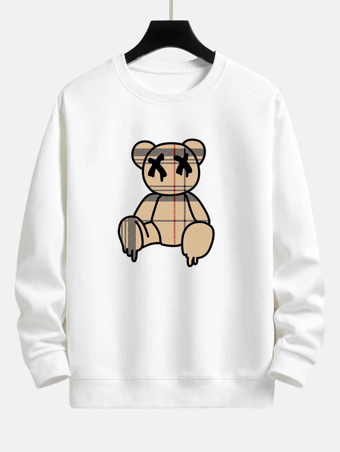 Kariertes Muster Auflösender Bären Druck Relaxed Fit Sweatshirt