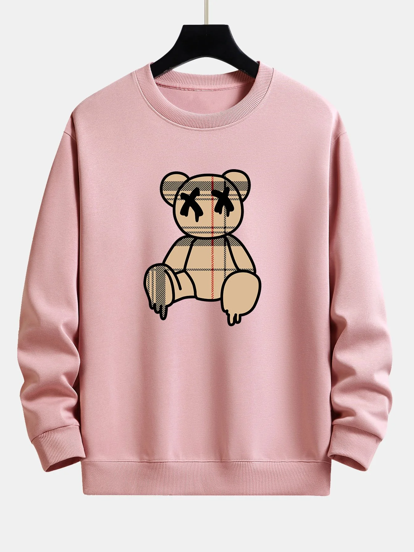 Kariertes Muster Auflösender Bären Druck Relaxed Fit Sweatshirt - Image 6