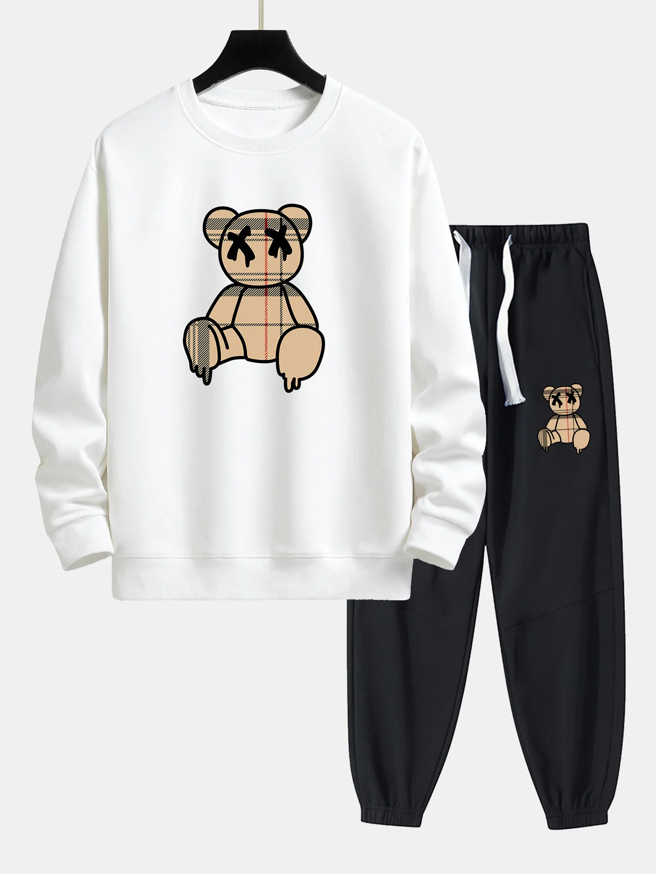 Kariertes Muster Auflösender Bären Druck Relaxed Fit Sweatshirt & Jogginghosen