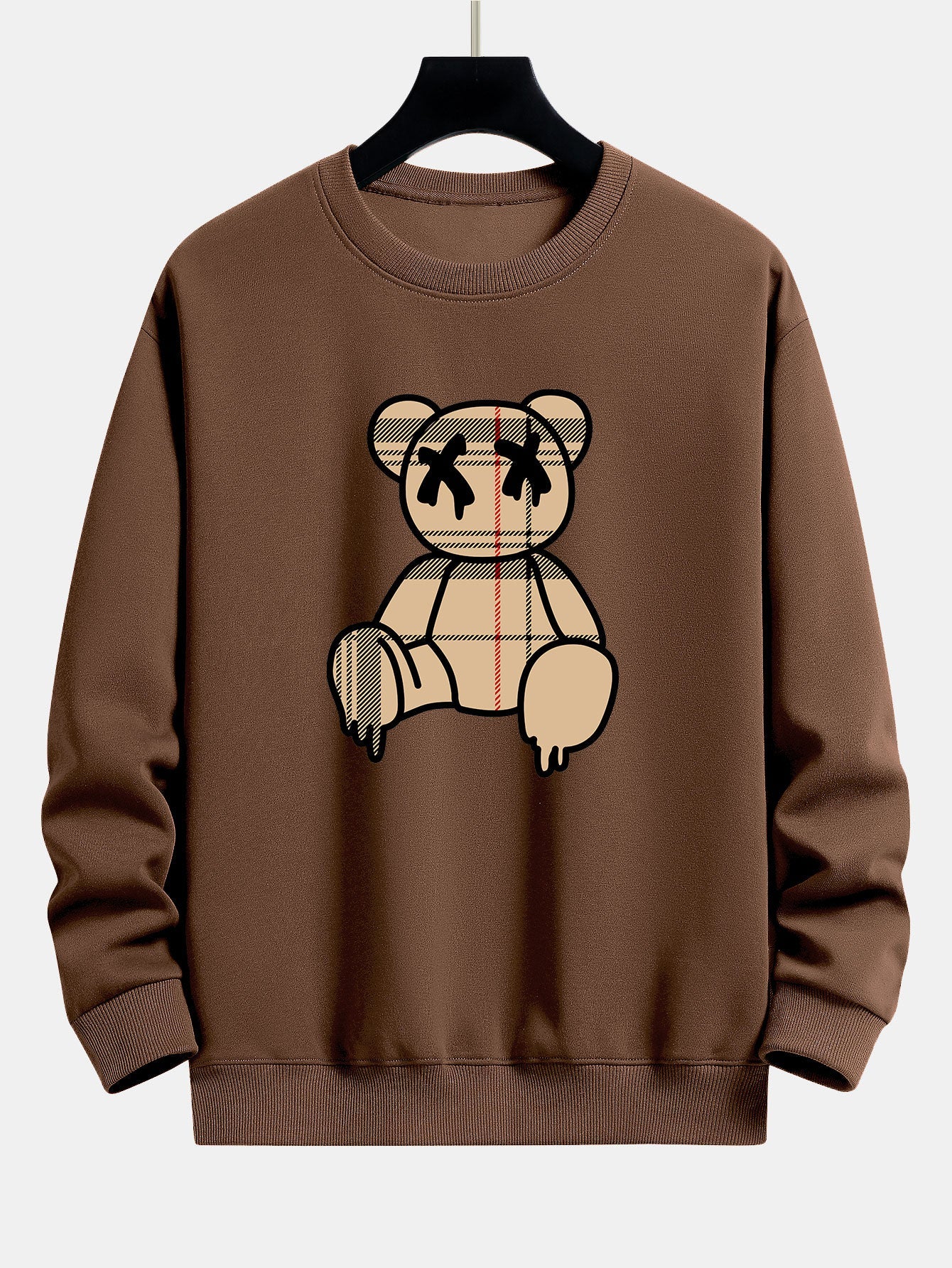 Kariertes Muster Auflösender Bären Druck Relaxed Fit Sweatshirt & Jogginghosen - Image 17