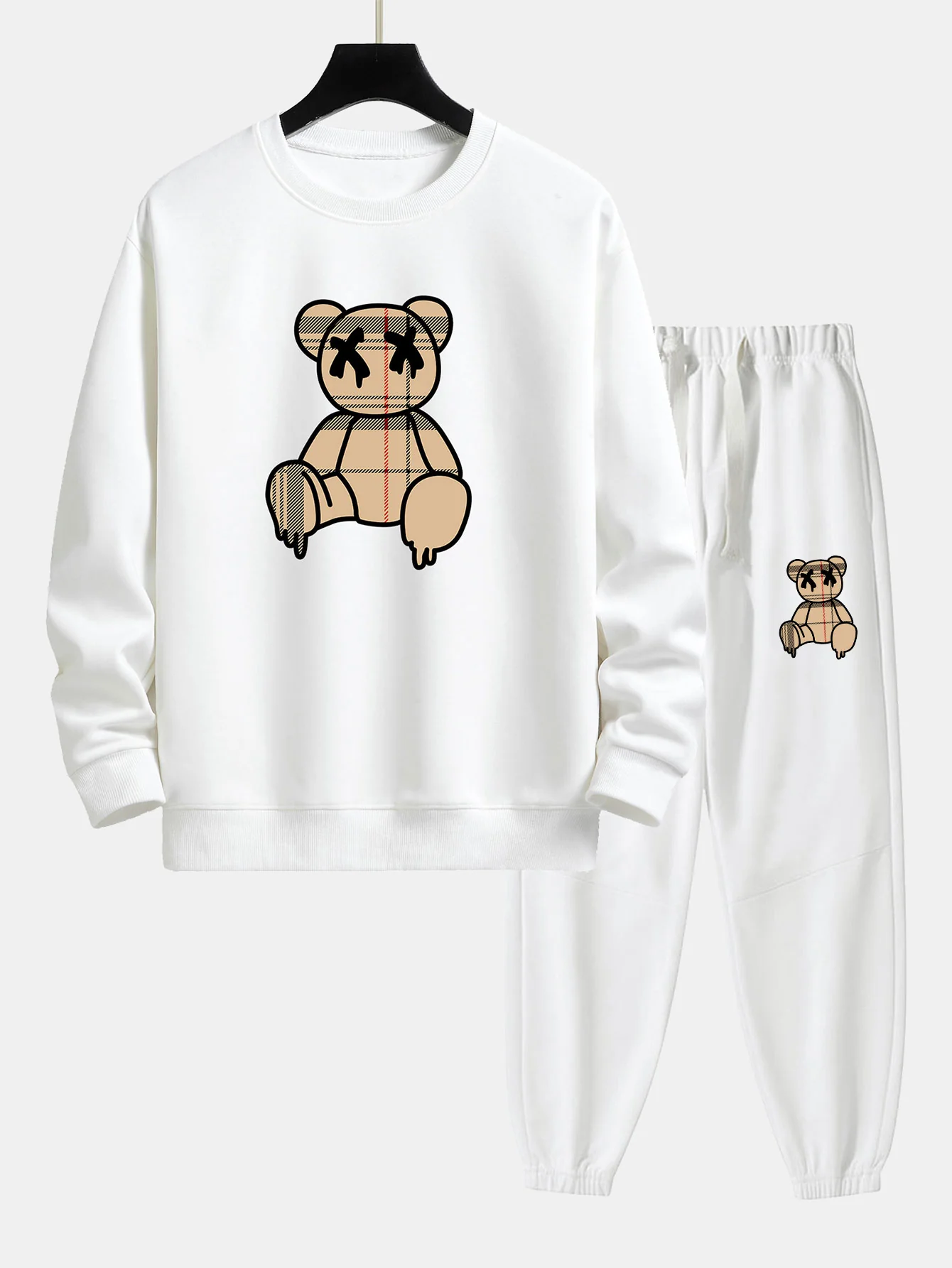 Kariertes Muster Auflösender Bären Druck Relaxed Fit Sweatshirt & Jogginghosen - Image 2