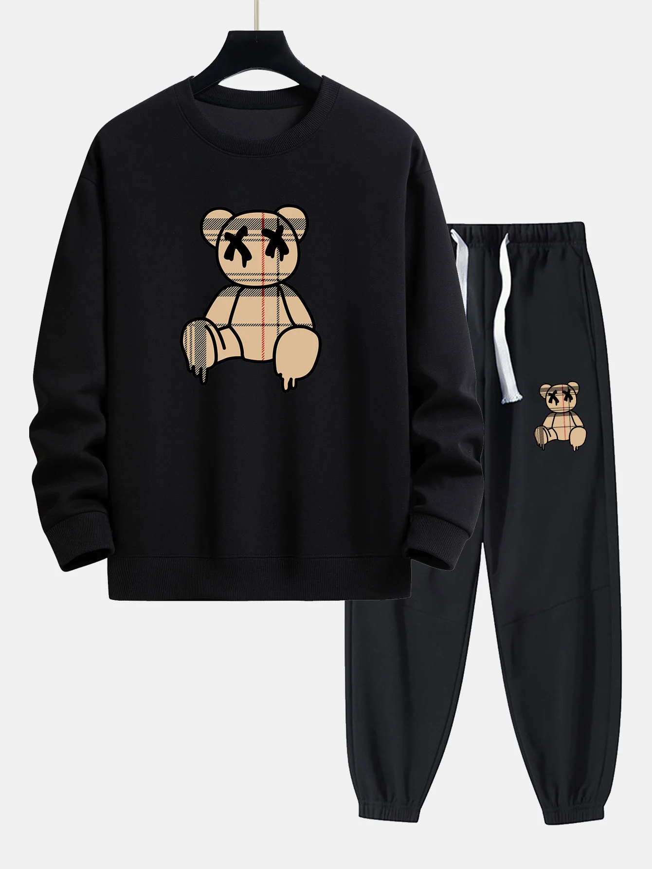 Kariertes Muster Auflösender Bären Druck Relaxed Fit Sweatshirt & Jogginghosen - Image 3