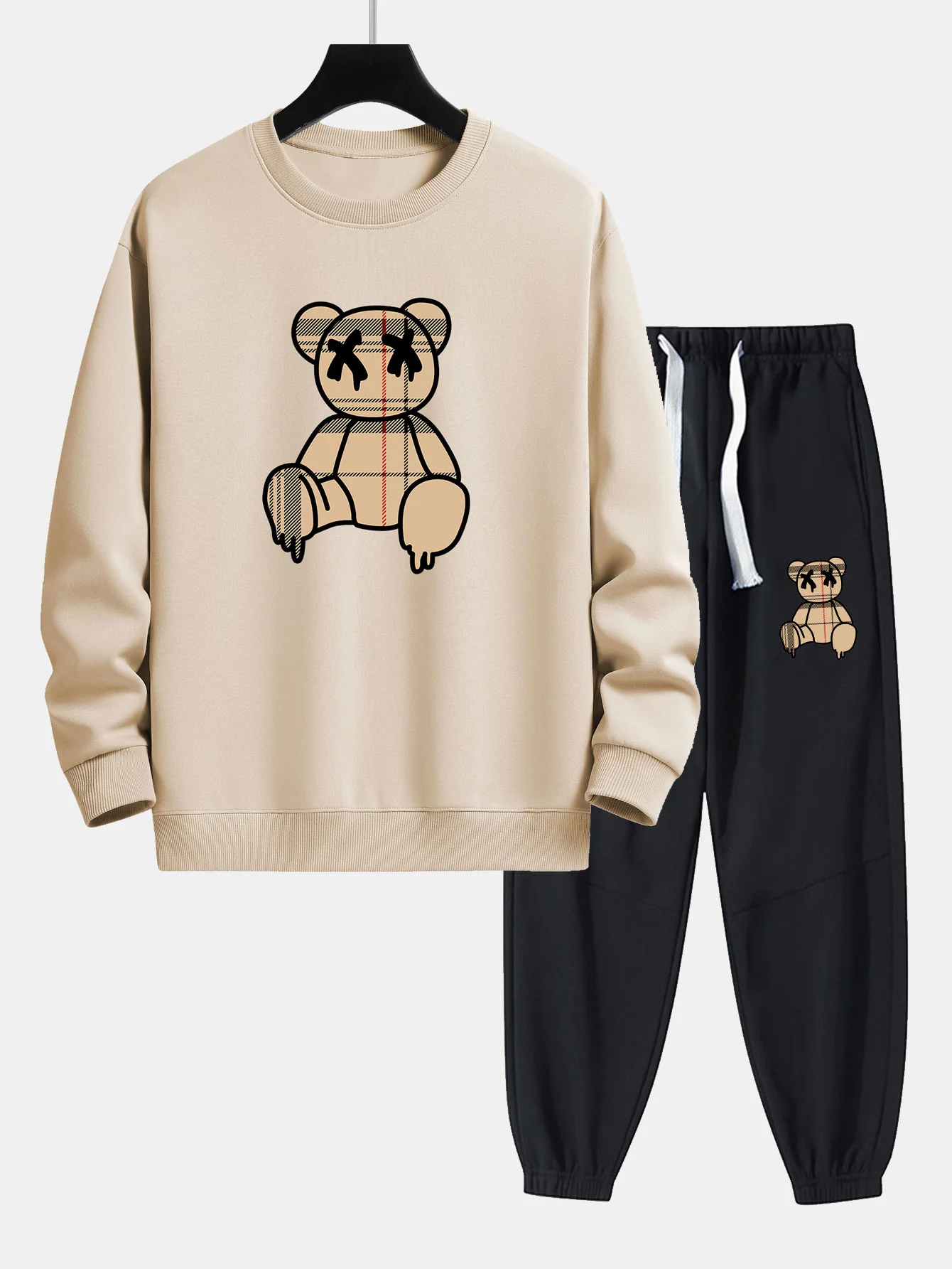 Kariertes Muster Auflösender Bären Druck Relaxed Fit Sweatshirt & Jogginghosen - Image 4