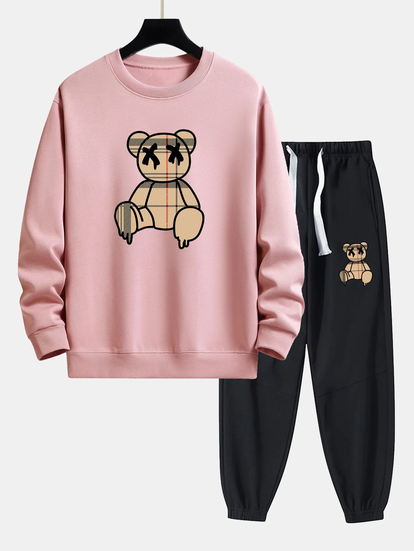Kariertes Muster Auflösender Bären Druck Relaxed Fit Sweatshirt & Jogginghosen - Image 5