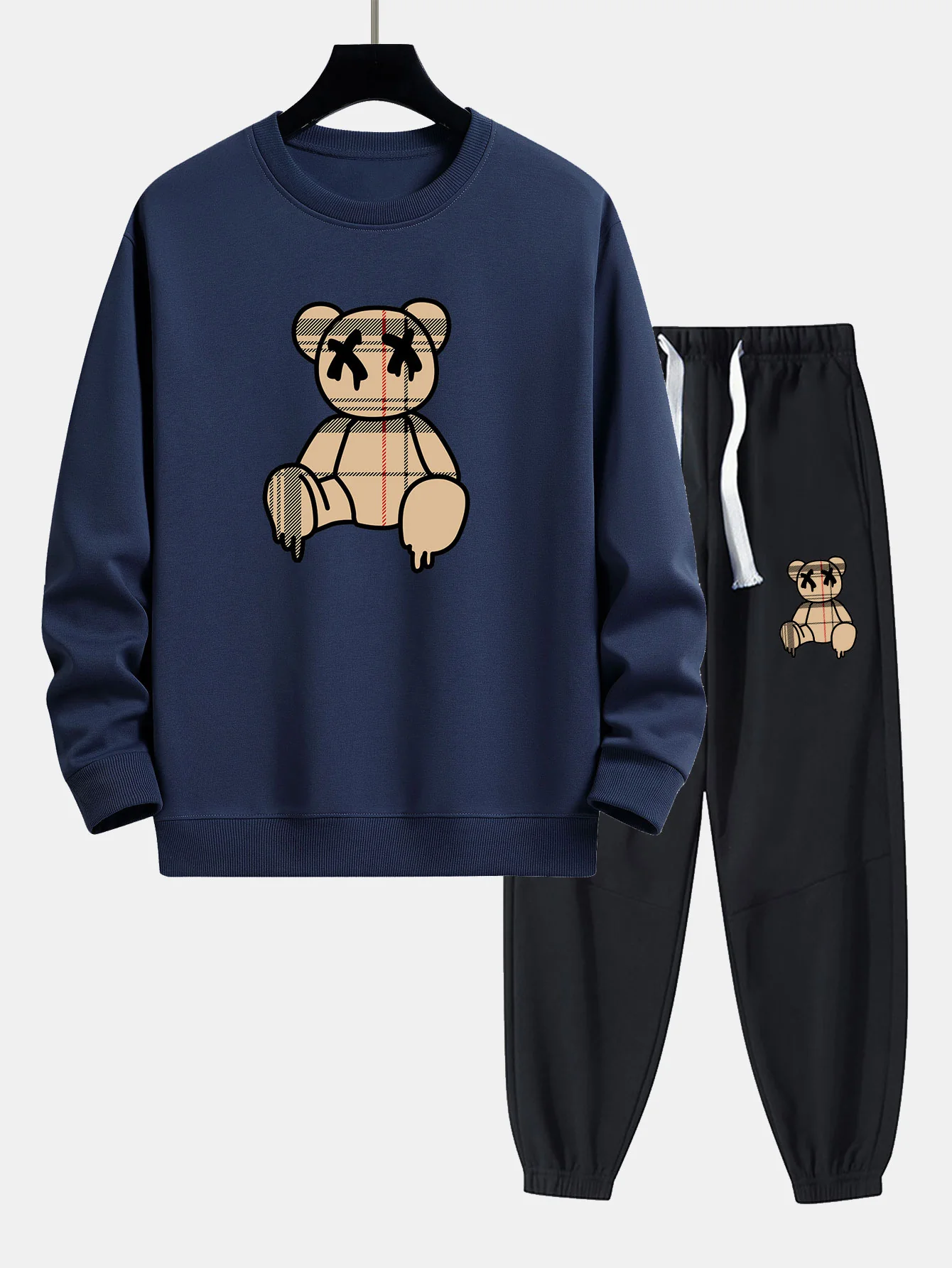 Kariertes Muster Auflösender Bären Druck Relaxed Fit Sweatshirt & Jogginghosen - Image 6