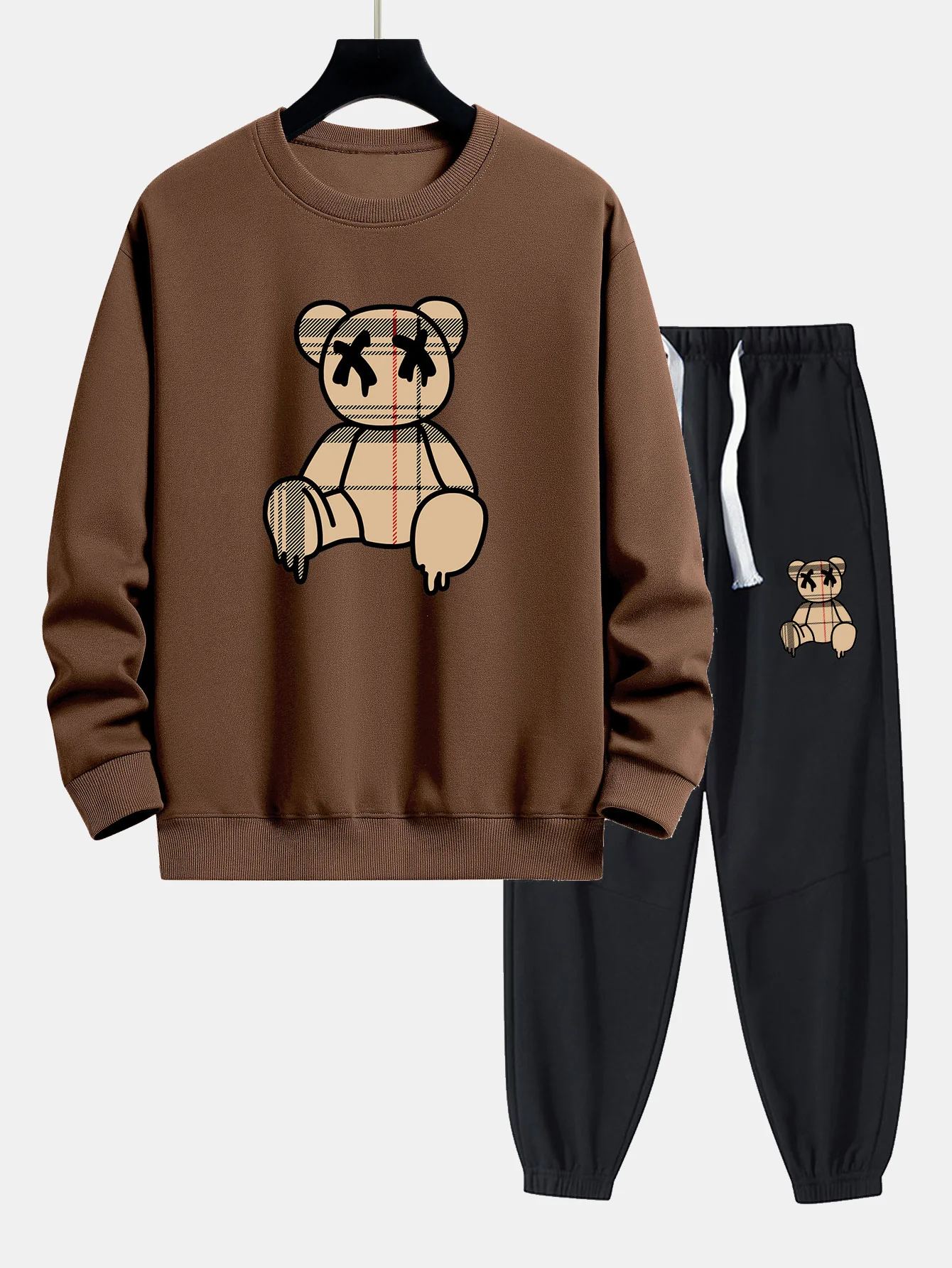 Kariertes Muster Auflösender Bären Druck Relaxed Fit Sweatshirt & Jogginghosen - Image 7