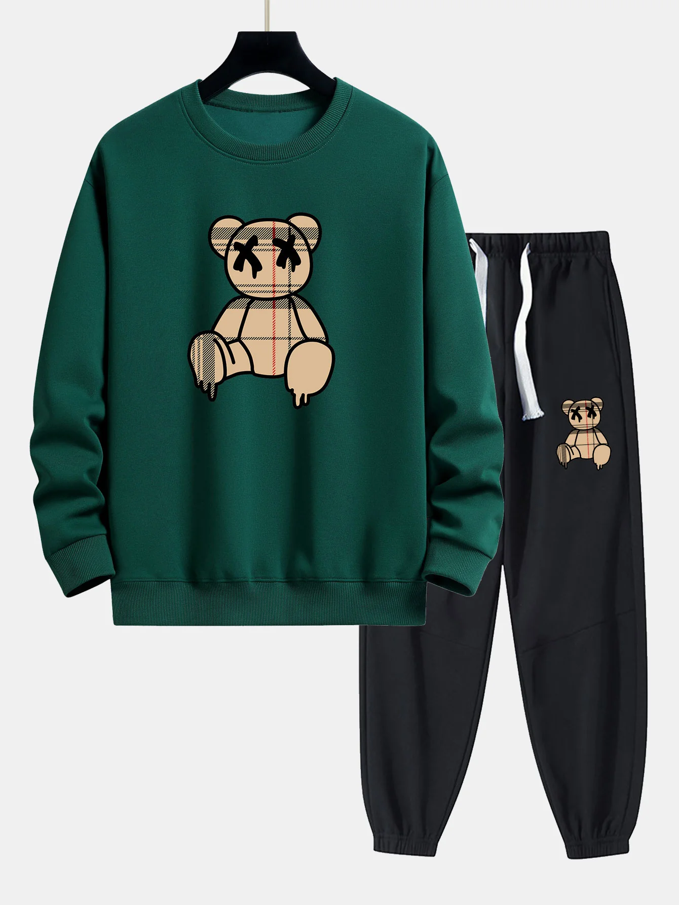Kariertes Muster Auflösender Bären Druck Relaxed Fit Sweatshirt & Jogginghosen - Image 8