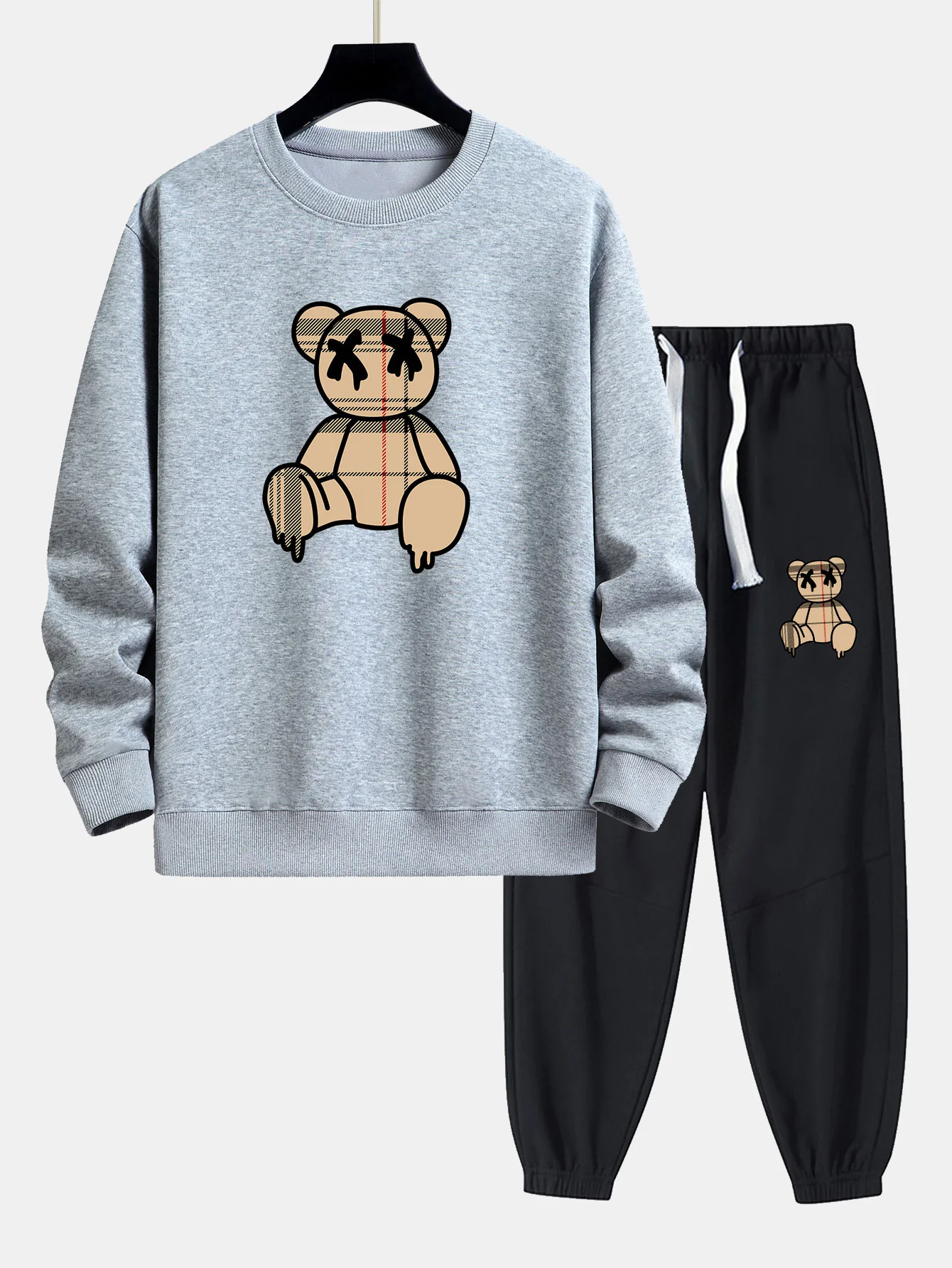 Kariertes Muster Auflösender Bären Druck Relaxed Fit Sweatshirt & Jogginghosen - Image 9