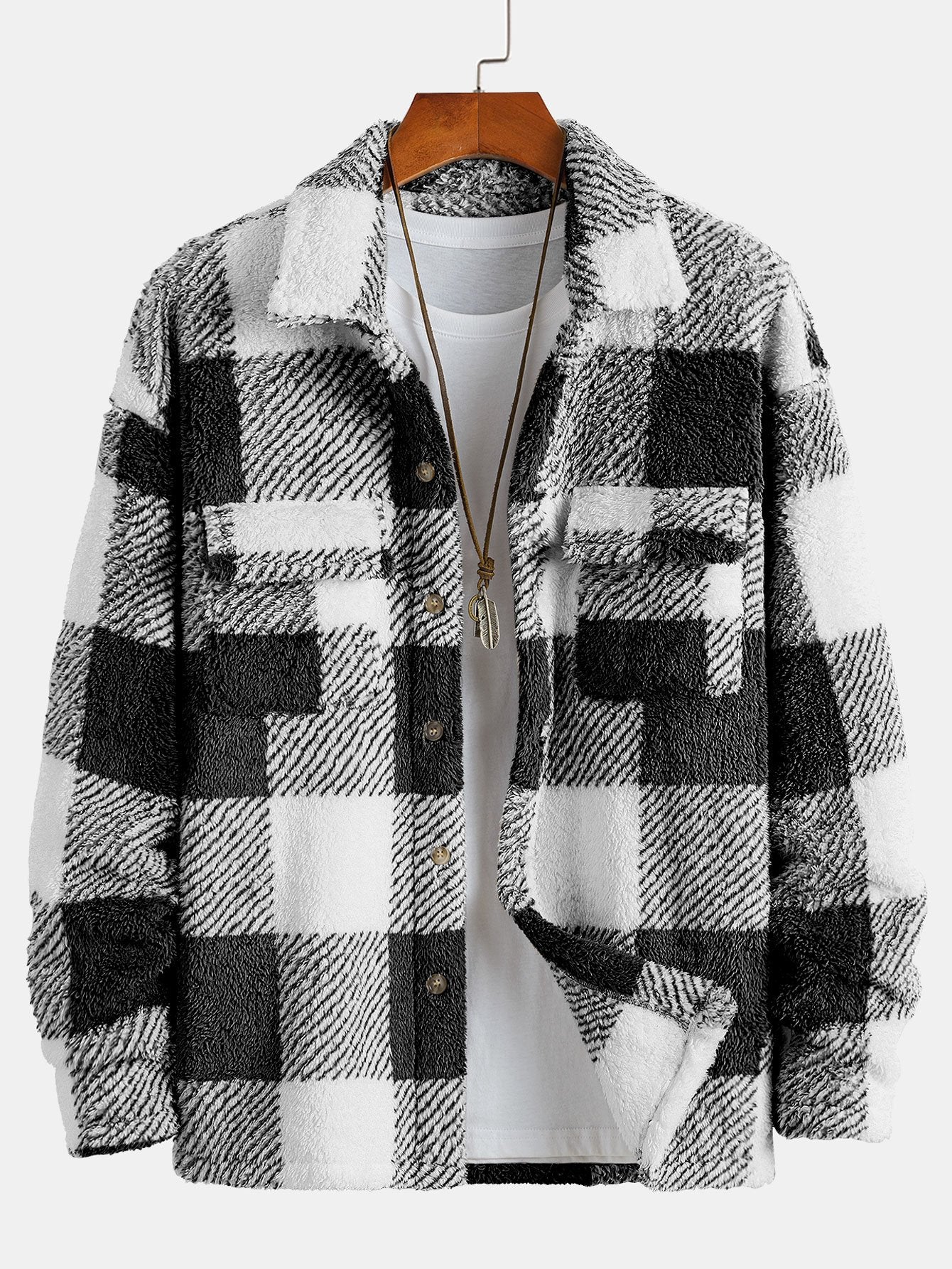Kariertes Teddy-Fleece-Button-Up-Überhemd - Image 3