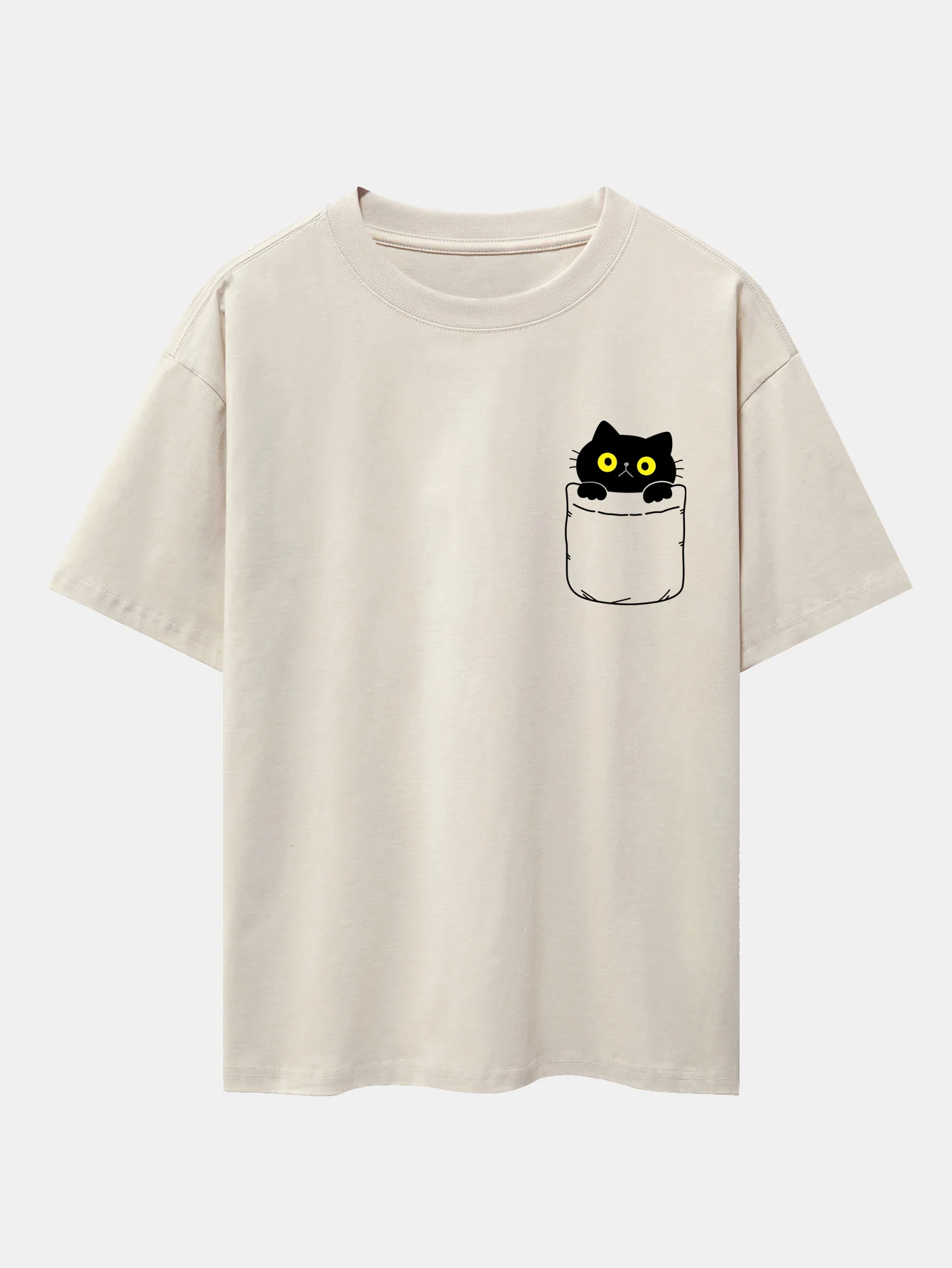 Pocket Cat Print Drop Shoulder Oversize T-Shirt