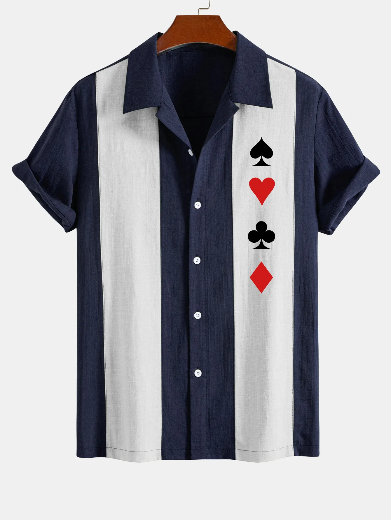 Poker Print Leinenlook Patchwork Bowlinghemd - Image 3
