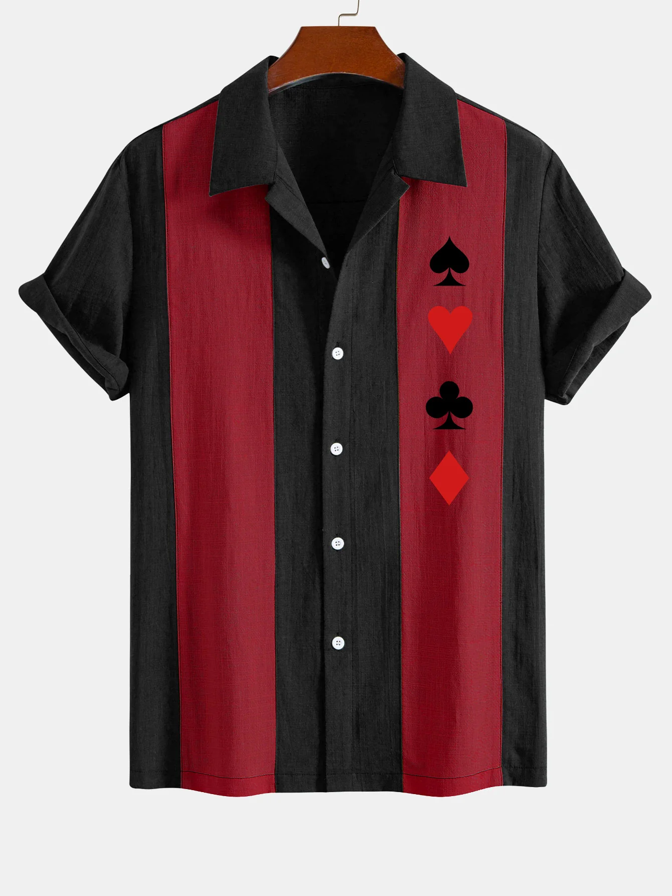 Poker Print Leinenlook Patchwork Bowlinghemd - Image 7